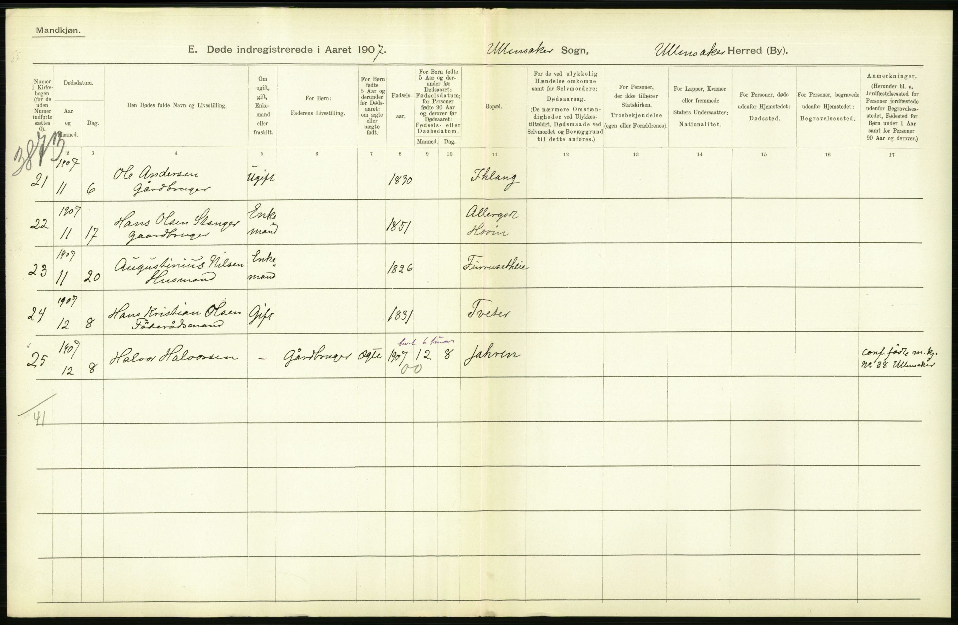 Statistisk sentralbyrå, Sosiodemografiske emner, Befolkning, RA/S-2228/D/Df/Dfa/Dfae/L0005: Akershus amt: Gifte, døde. Bygder og byer., 1907, p. 194