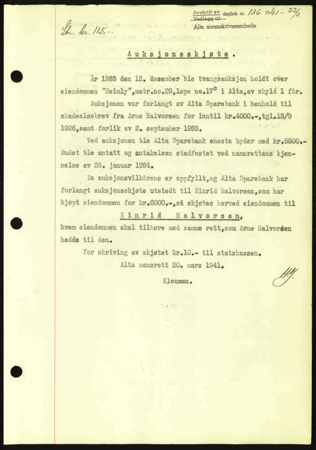 Alta fogderi/sorenskriveri, SATØ/SATØ-5/1/K/Kd/L0033pantebok: Mortgage book no. 33, 1940-1943, Diary no: : 136/1941