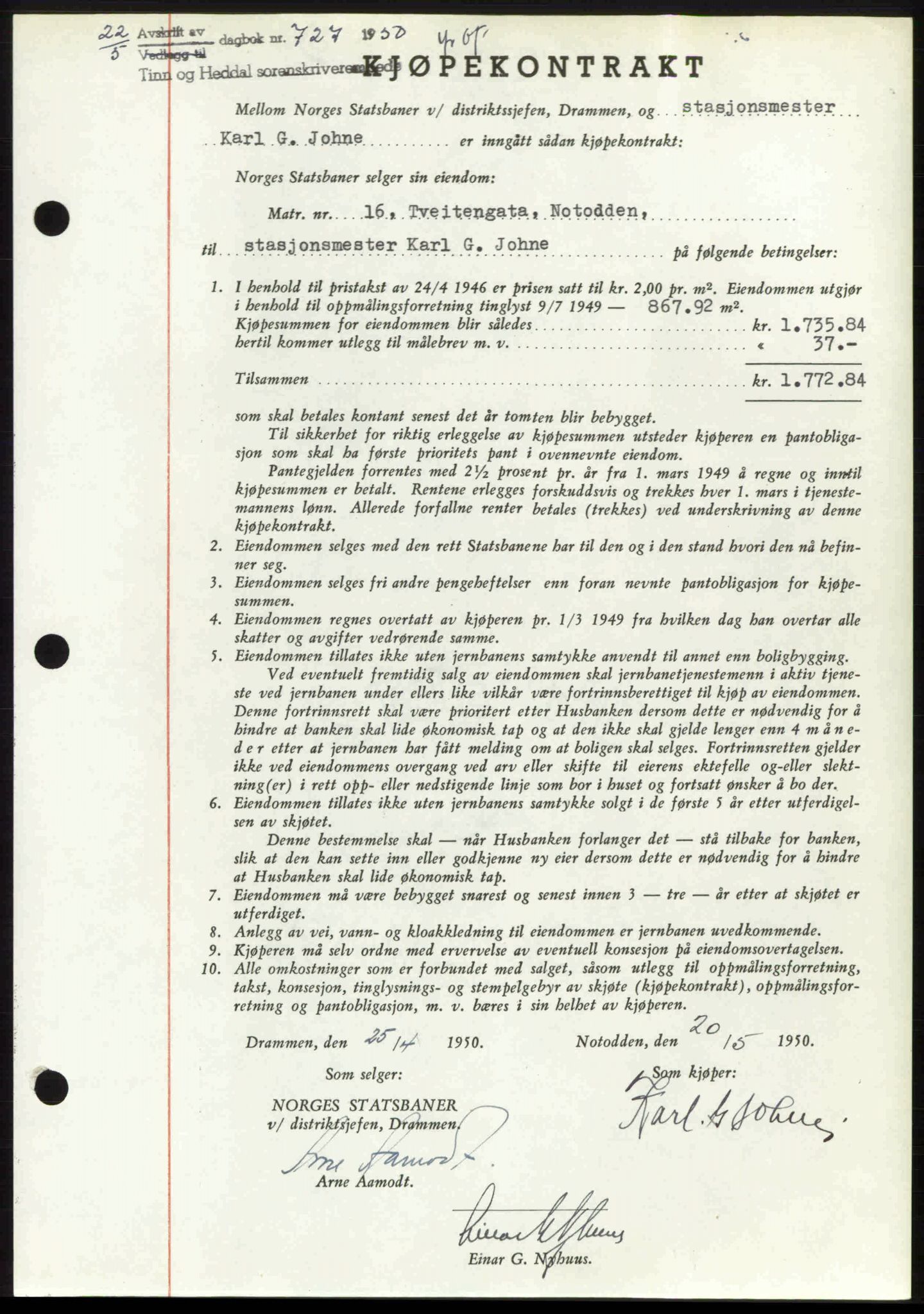 Tinn og Heddal sorenskriveri, AV/SAKO-A-212/G/Ga/L0014: Mortgage book no. 14, 1949-1950, Diary no: : 727/1950