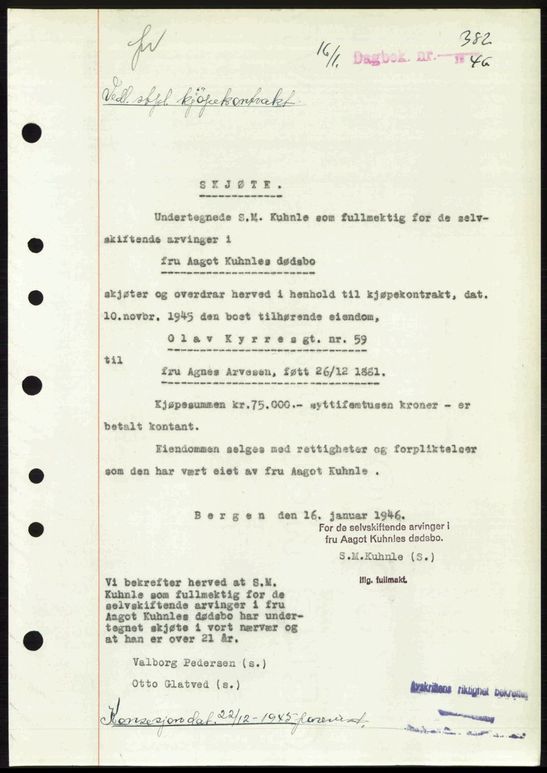 Byfogd og Byskriver i Bergen, SAB/A-3401/03/03Bc/L0022: Mortgage book no. A18, 1946-1946, Diary no: : 382/1946