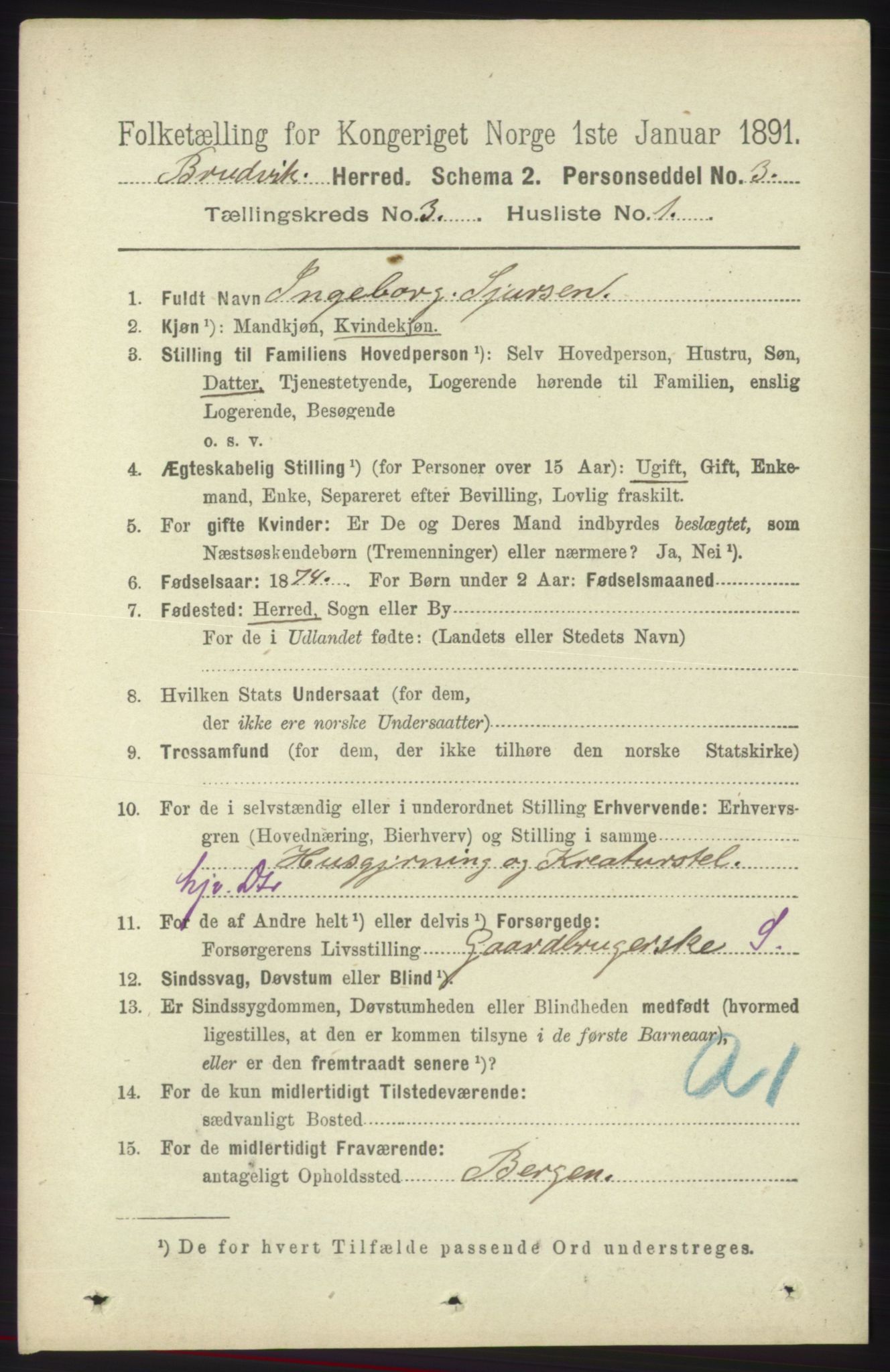 RA, 1891 census for 1251 Bruvik, 1891, p. 826