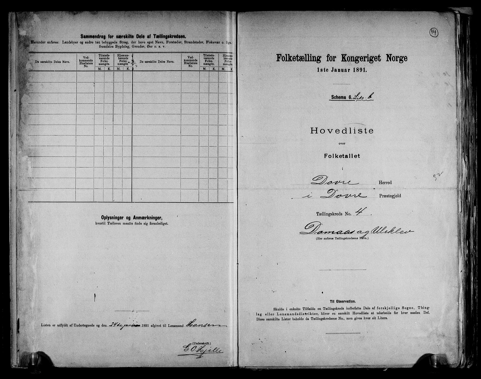 RA, 1891 census for 0511 Dovre, 1891, p. 14