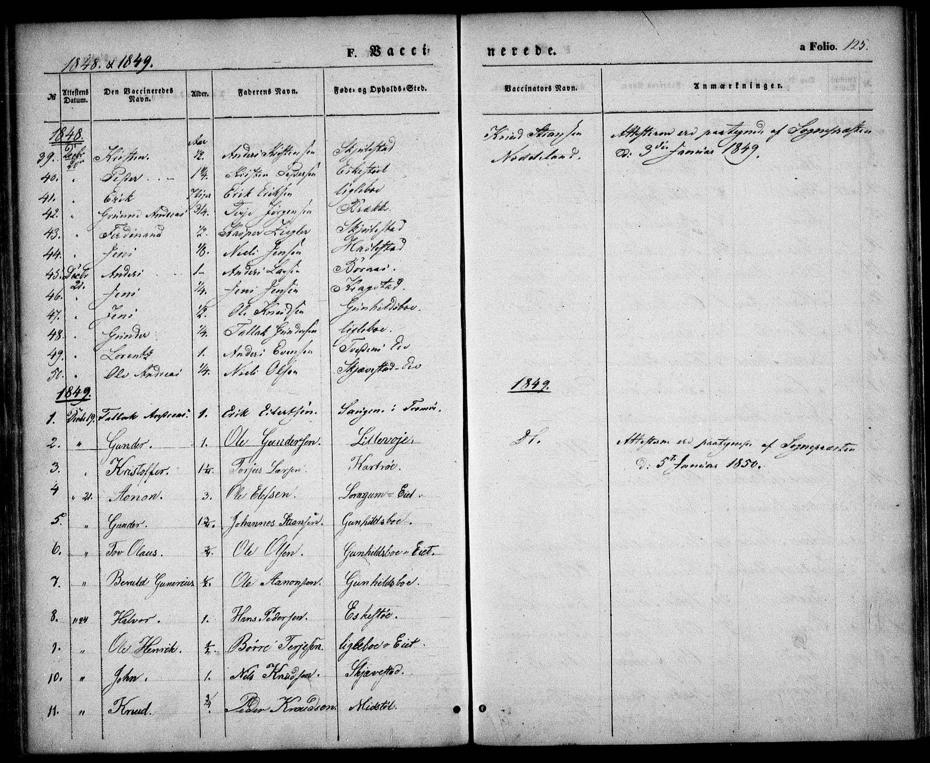 Austre Moland sokneprestkontor, SAK/1111-0001/F/Fa/Faa/L0007: Parish register (official) no. A 7, 1847-1857, p. 125
