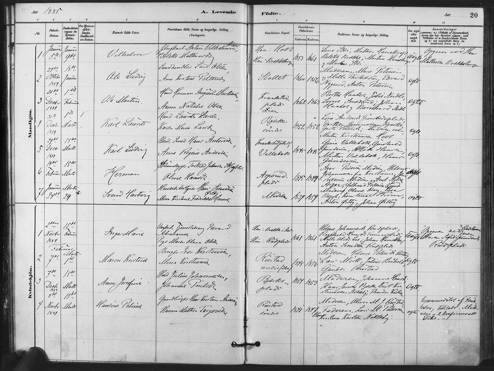 Kråkstad prestekontor Kirkebøker, AV/SAO-A-10125a/F/Fa/L0009: Parish register (official) no. I 9, 1880-1892, p. 20