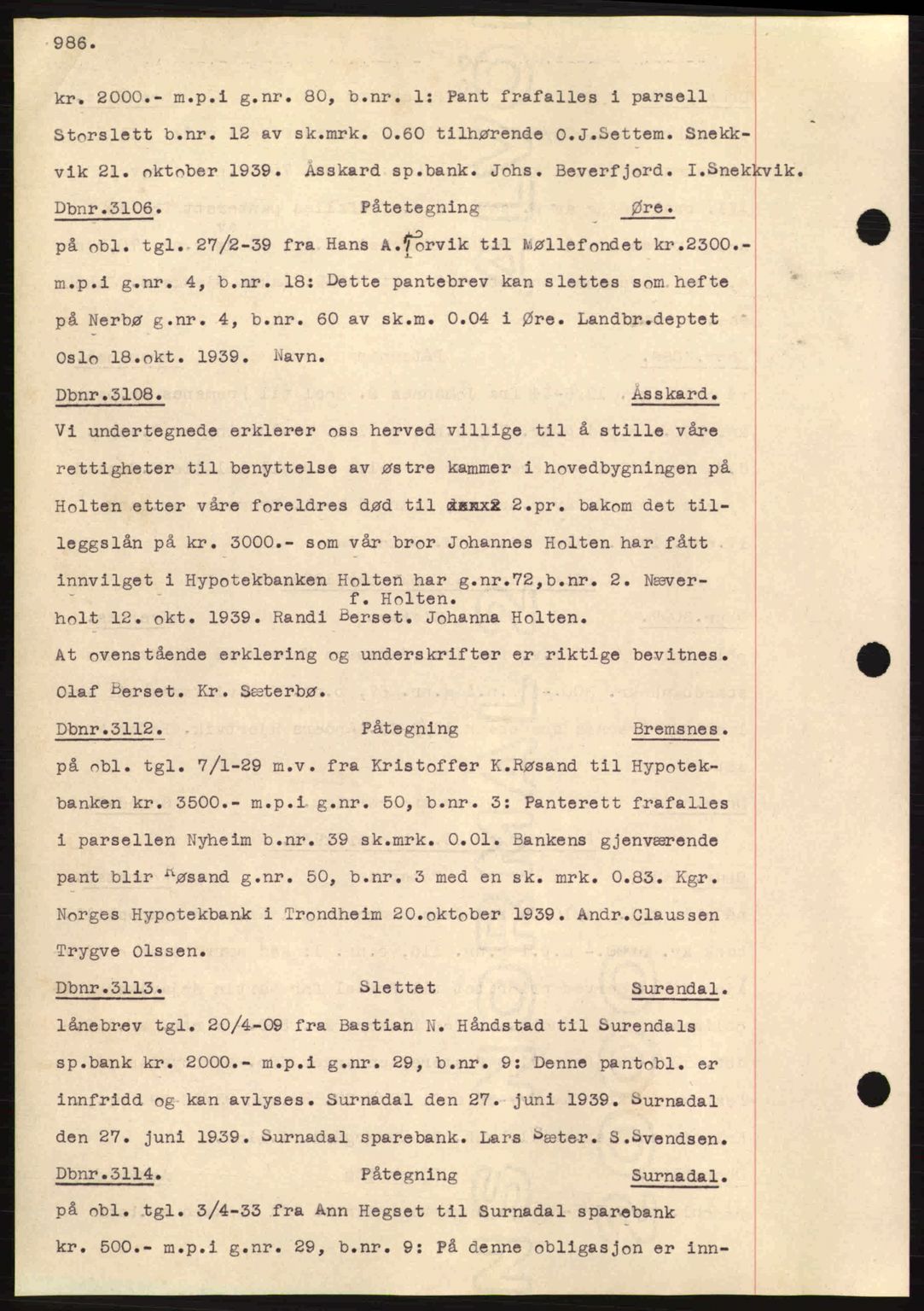 Nordmøre sorenskriveri, AV/SAT-A-4132/1/2/2Ca: Mortgage book no. C80, 1936-1939, Diary no: : 3106/1939