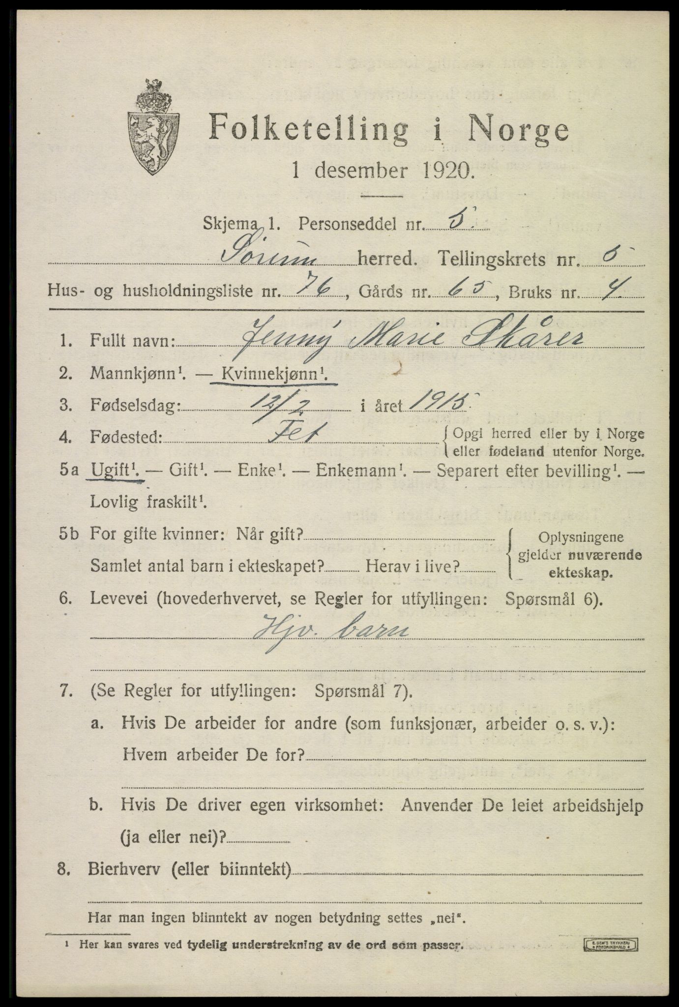 SAO, 1920 census for Sørum, 1920, p. 5441