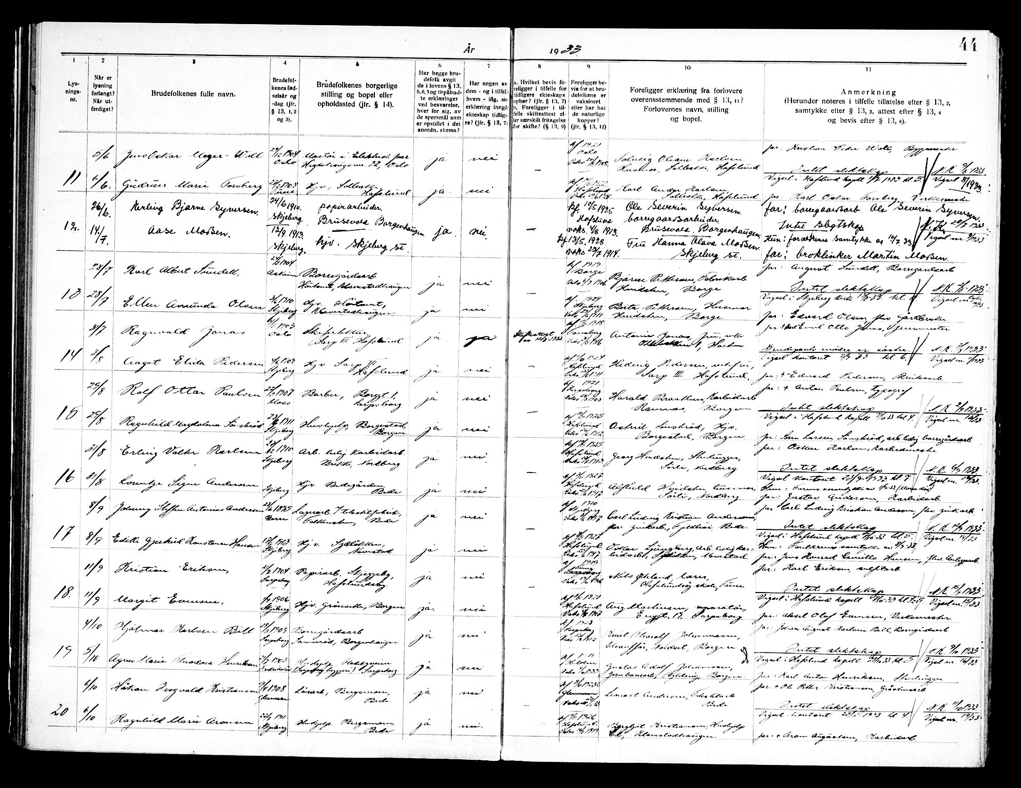 Skjeberg prestekontor Kirkebøker, SAO/A-10923/H/Hc/L0001: Banns register no. III 1, 1919-1949, p. 44