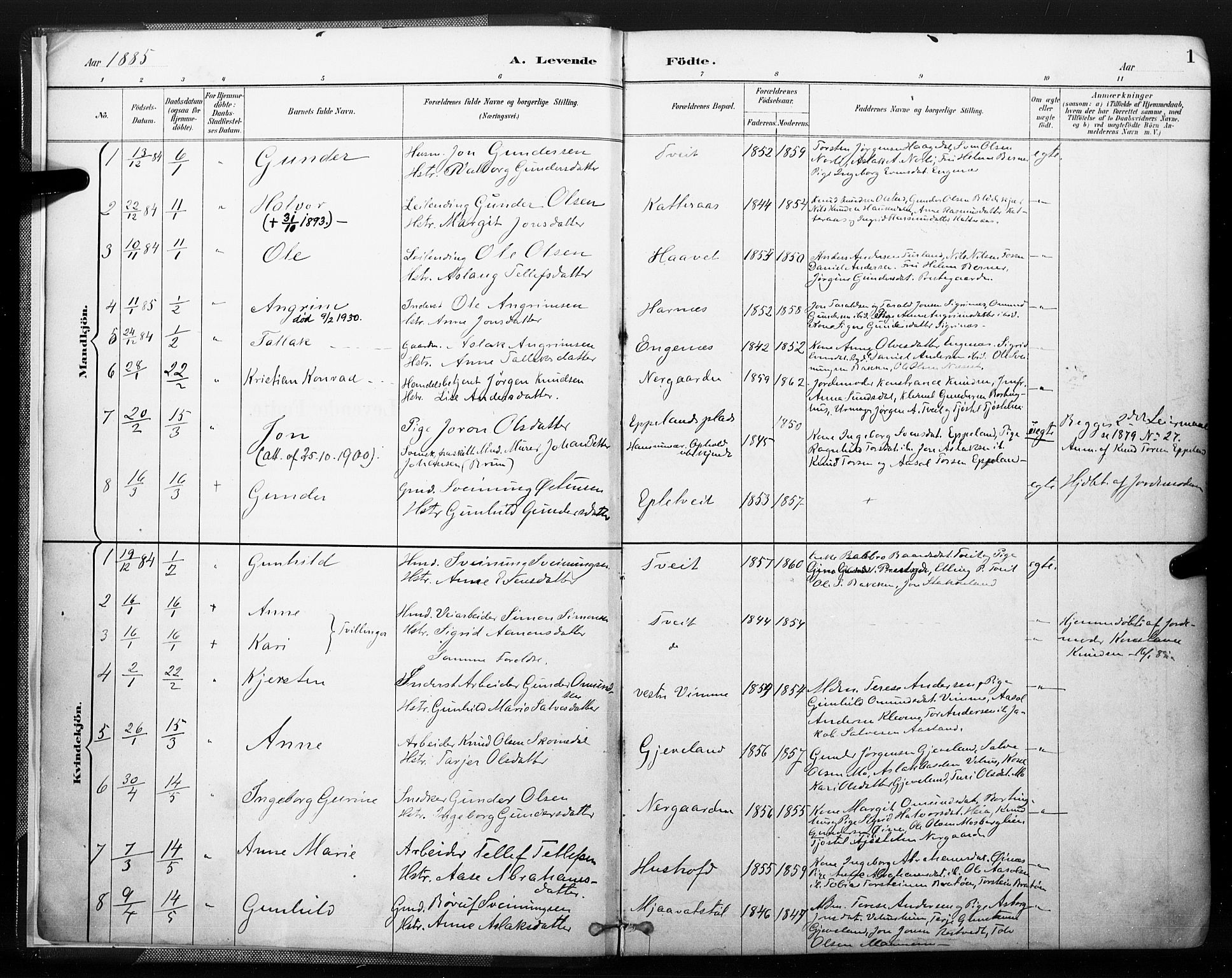 Åmli sokneprestkontor, SAK/1111-0050/F/Fa/Fac/L0010: Parish register (official) no. A 10 /1, 1885-1899, p. 1