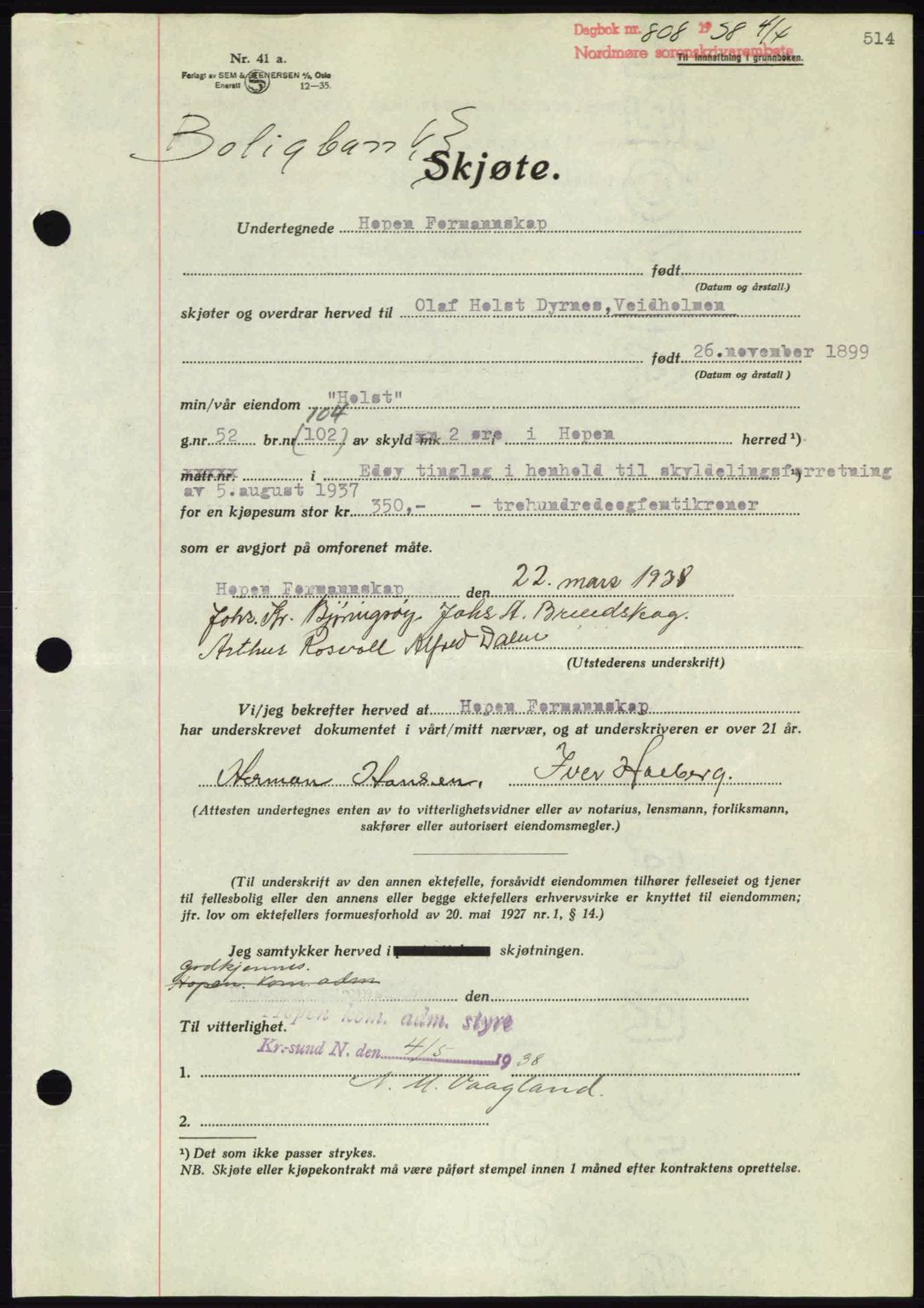 Nordmøre sorenskriveri, AV/SAT-A-4132/1/2/2Ca: Mortgage book no. A83, 1938-1938, Diary no: : 808/1938