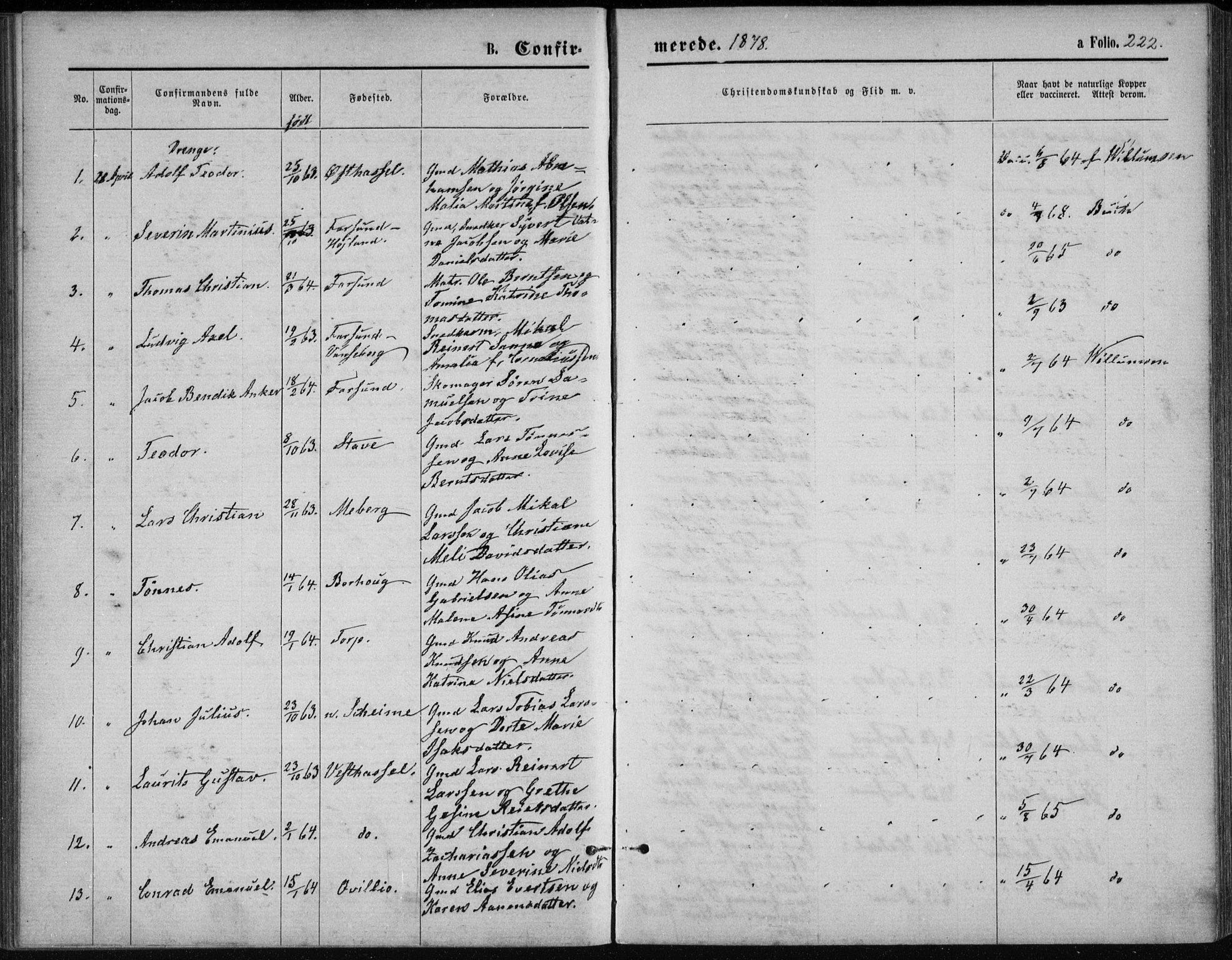 Lista sokneprestkontor, SAK/1111-0027/F/Fb/L0004: Parish register (copy) no. B 4, 1877-1891, p. 222