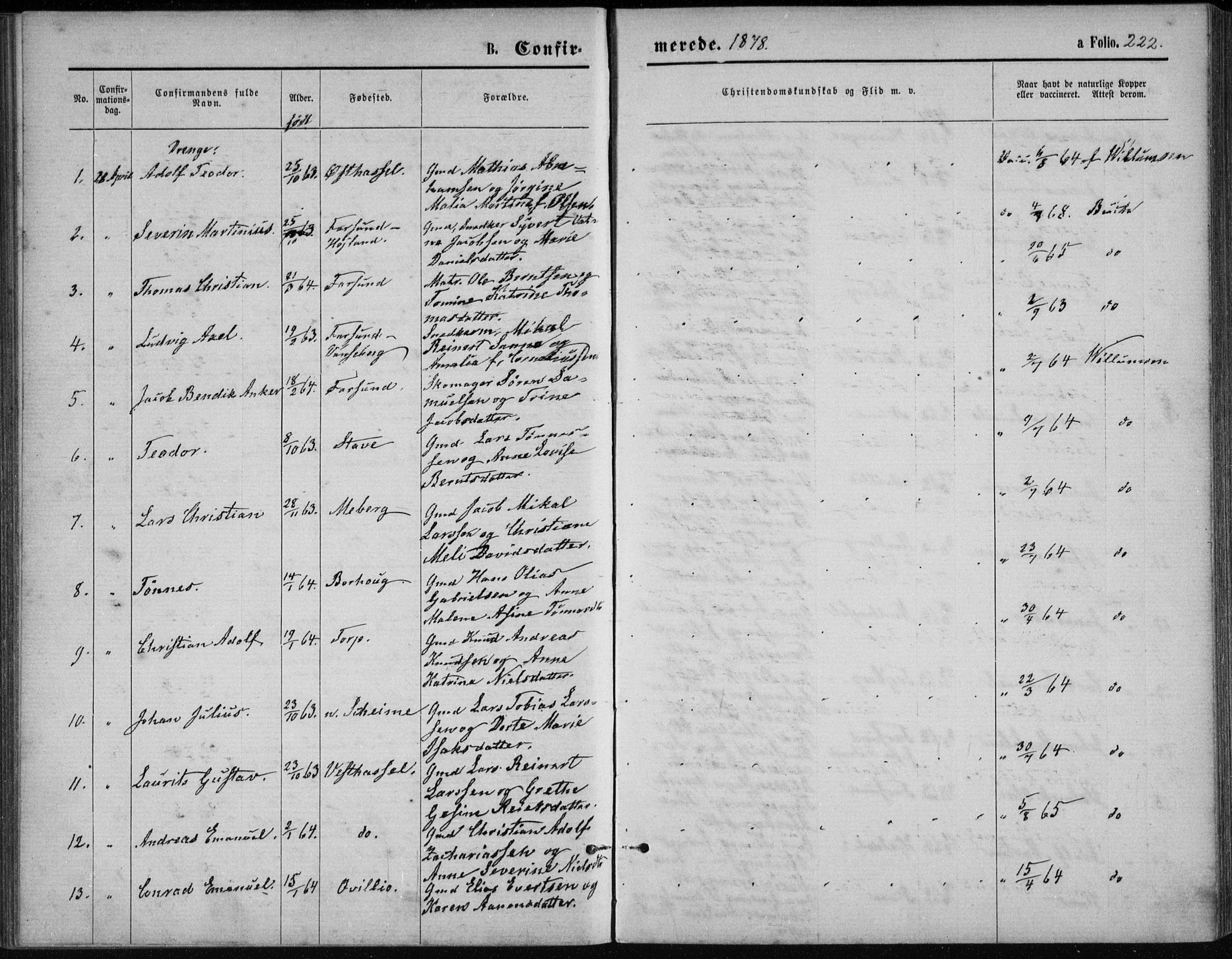 Lista sokneprestkontor, AV/SAK-1111-0027/F/Fb/L0004: Parish register (copy) no. B 4, 1877-1891, p. 222