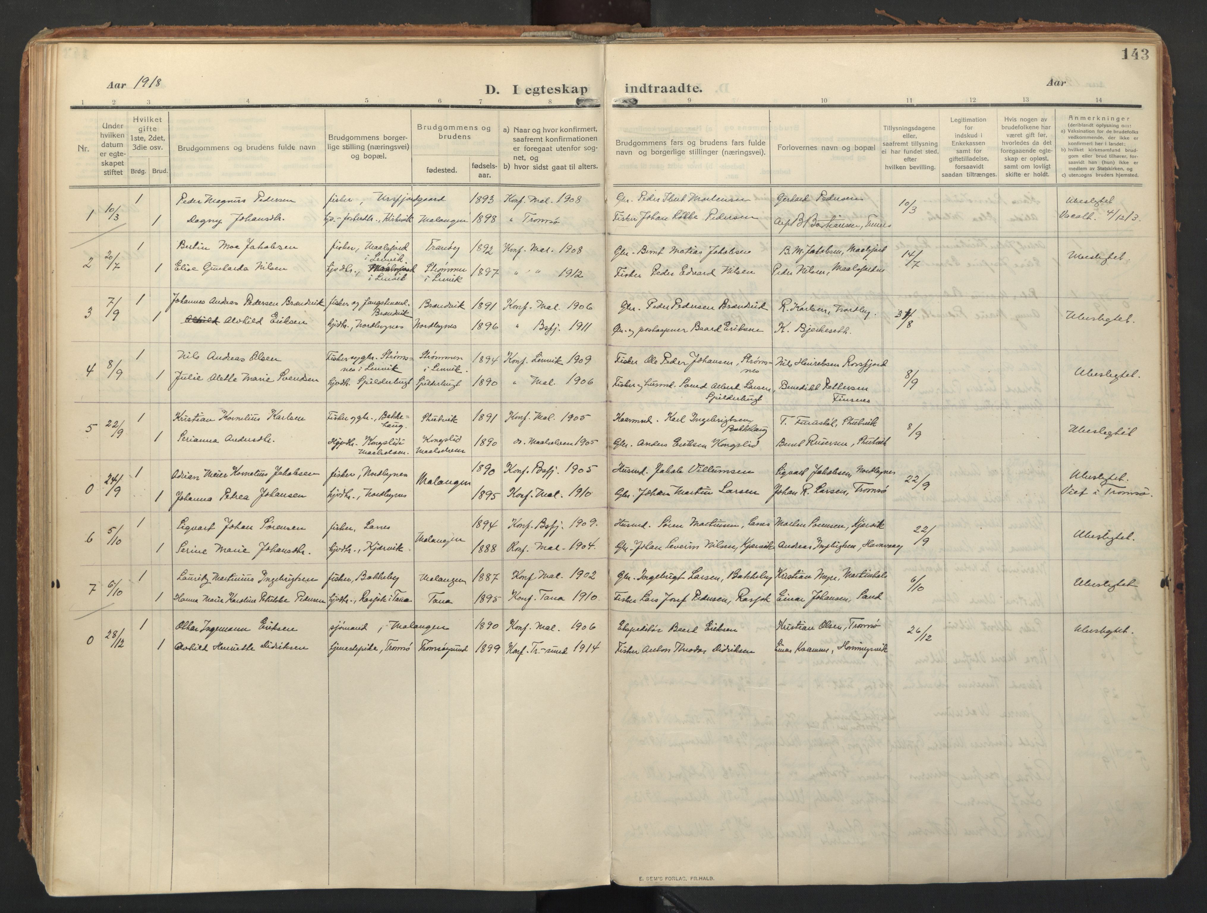 Balsfjord sokneprestembete, AV/SATØ-S-1303/G/Ga/L0008kirke: Parish register (official) no. 8, 1910-1927, p. 143