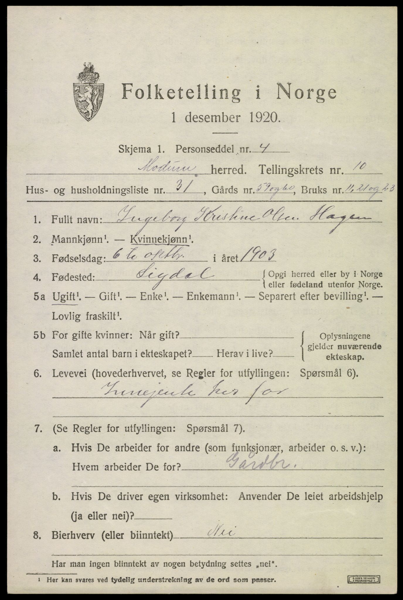 SAKO, 1920 census for Modum, 1920, p. 13273