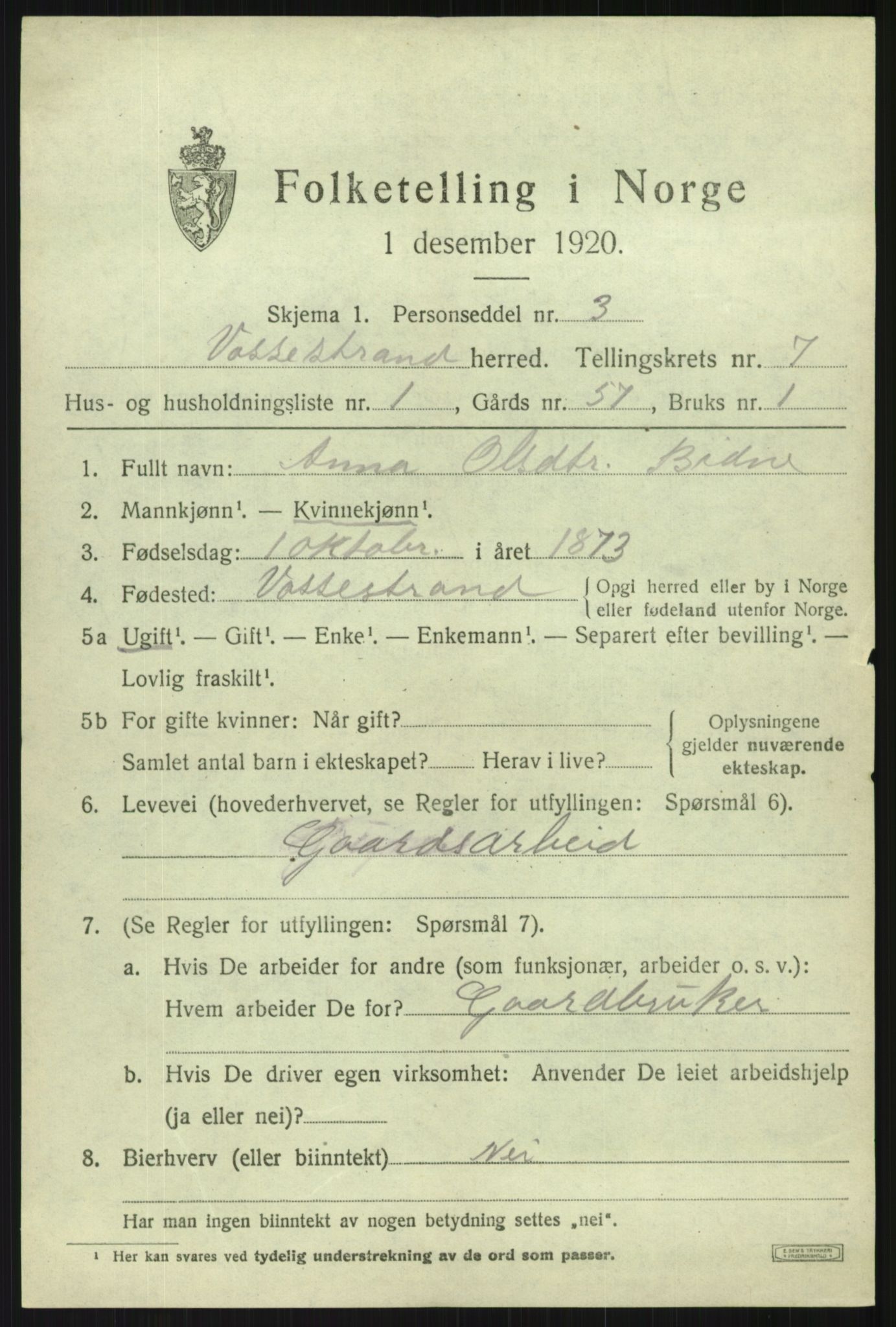 SAB, 1920 census for Vossestrand, 1920, p. 3036