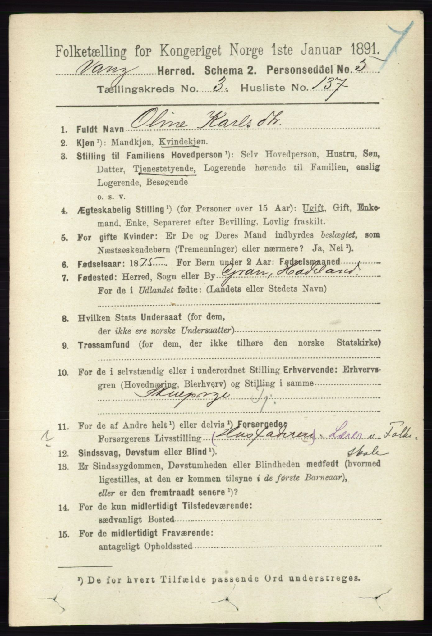 RA, 1891 census for 0414 Vang, 1891, p. 2623