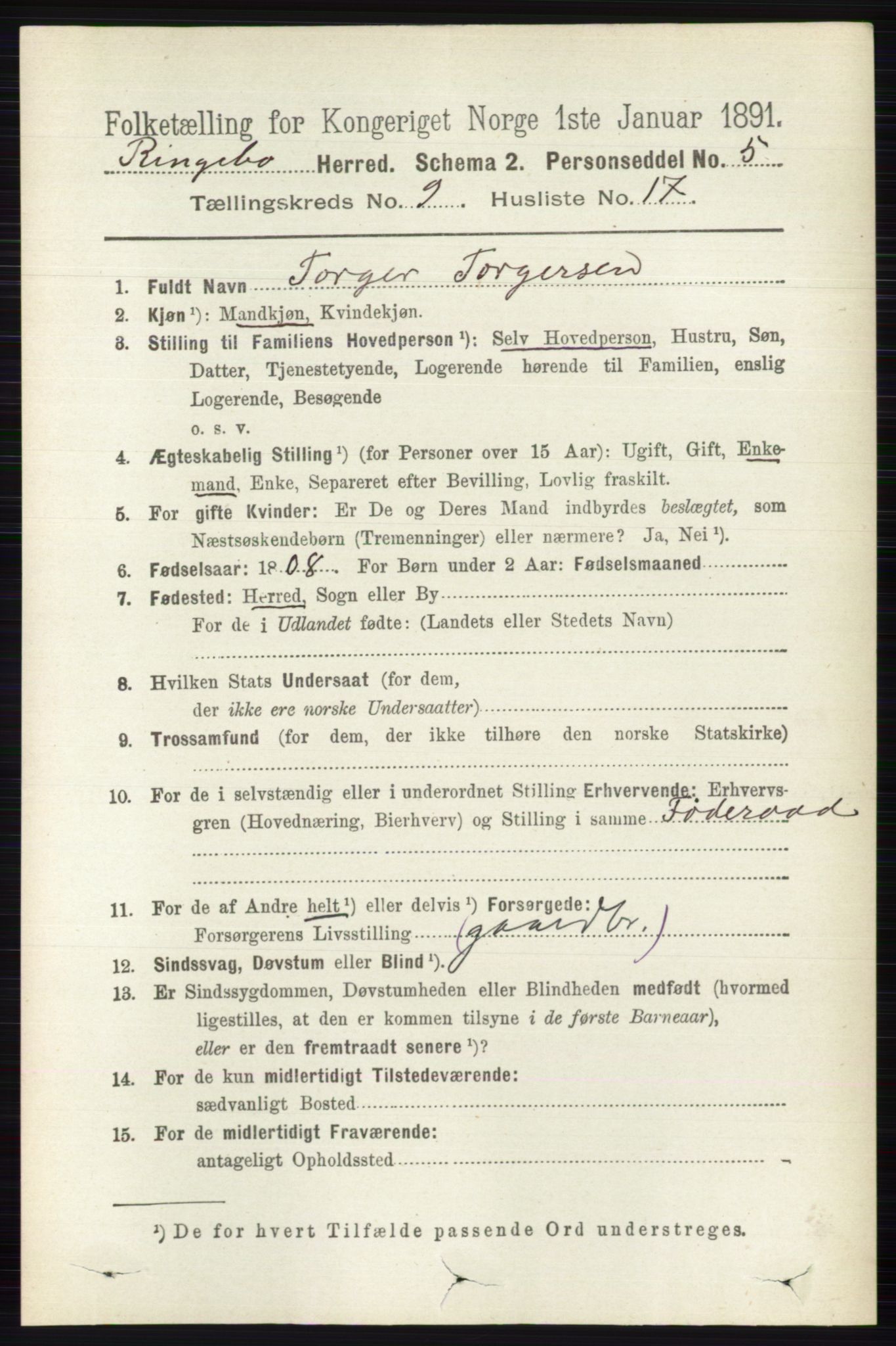 RA, 1891 census for 0520 Ringebu, 1891, p. 4351