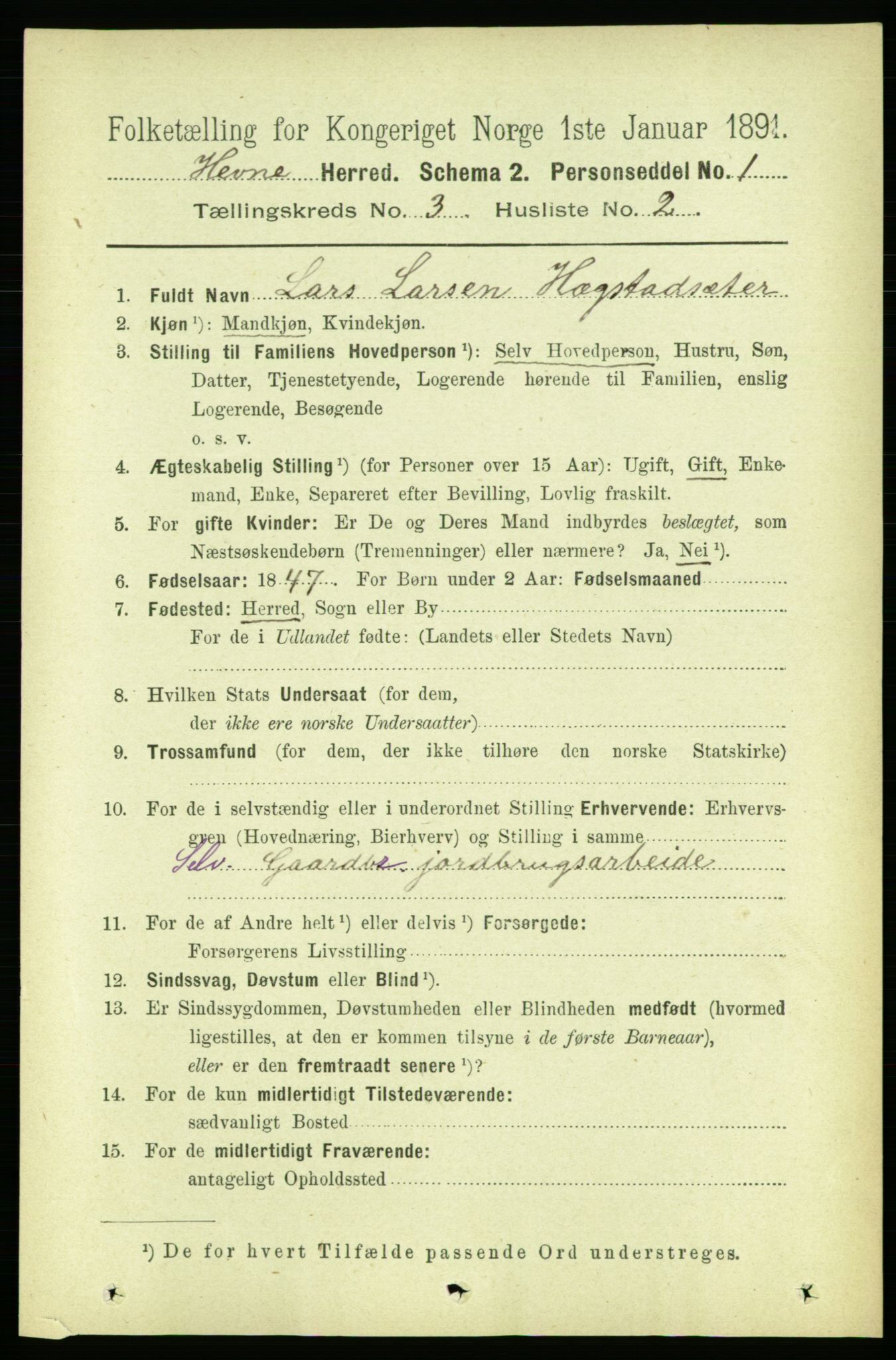 RA, 1891 census for 1612 Hemne, 1891, p. 1382