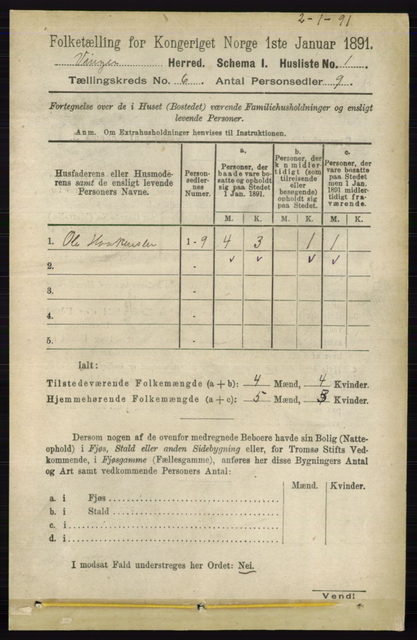 RA, 1891 census for 0421 Vinger, 1891, p. 2509