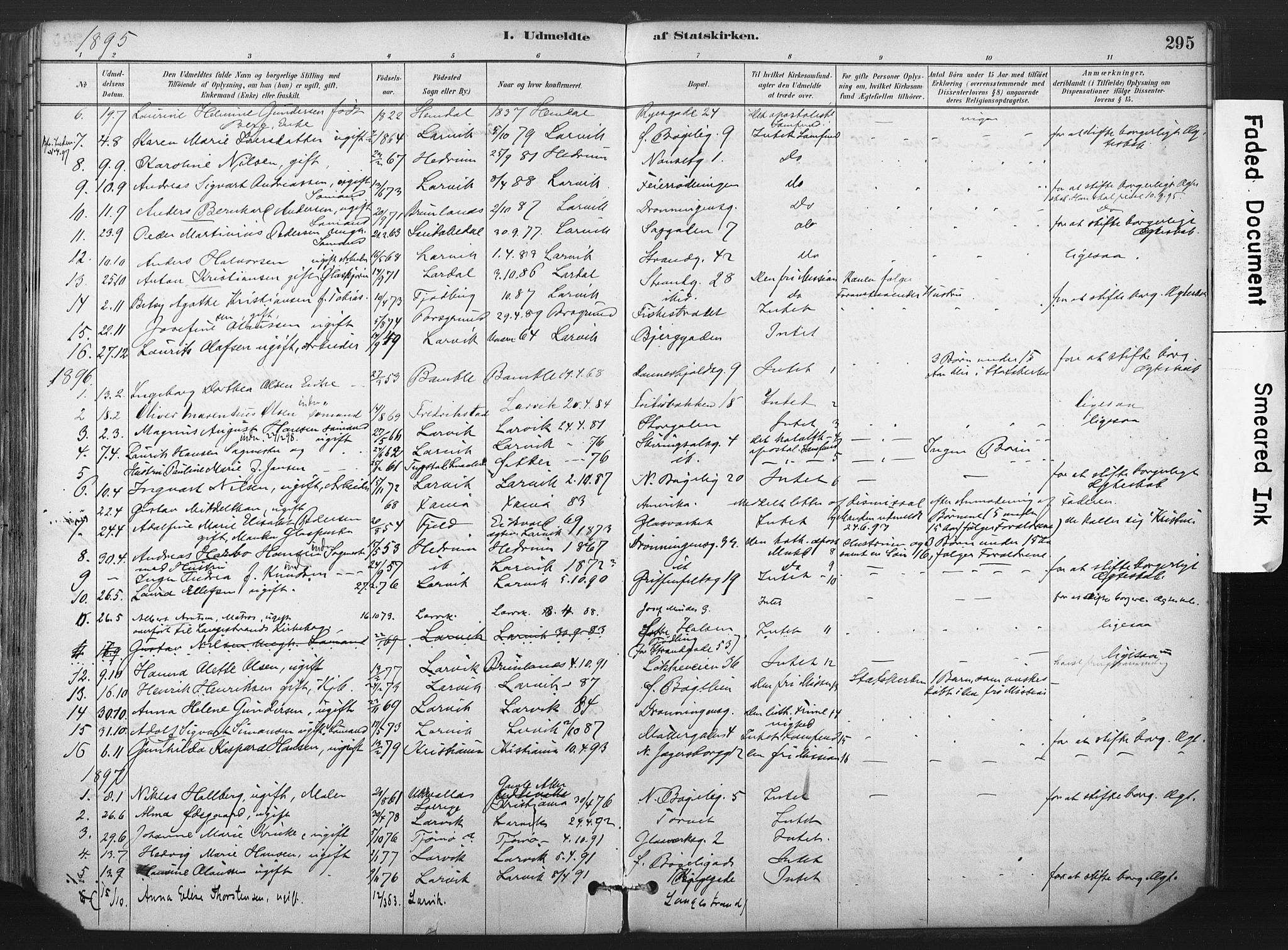Larvik kirkebøker, SAKO/A-352/F/Fa/L0010: Parish register (official) no. I 10, 1884-1910, p. 295