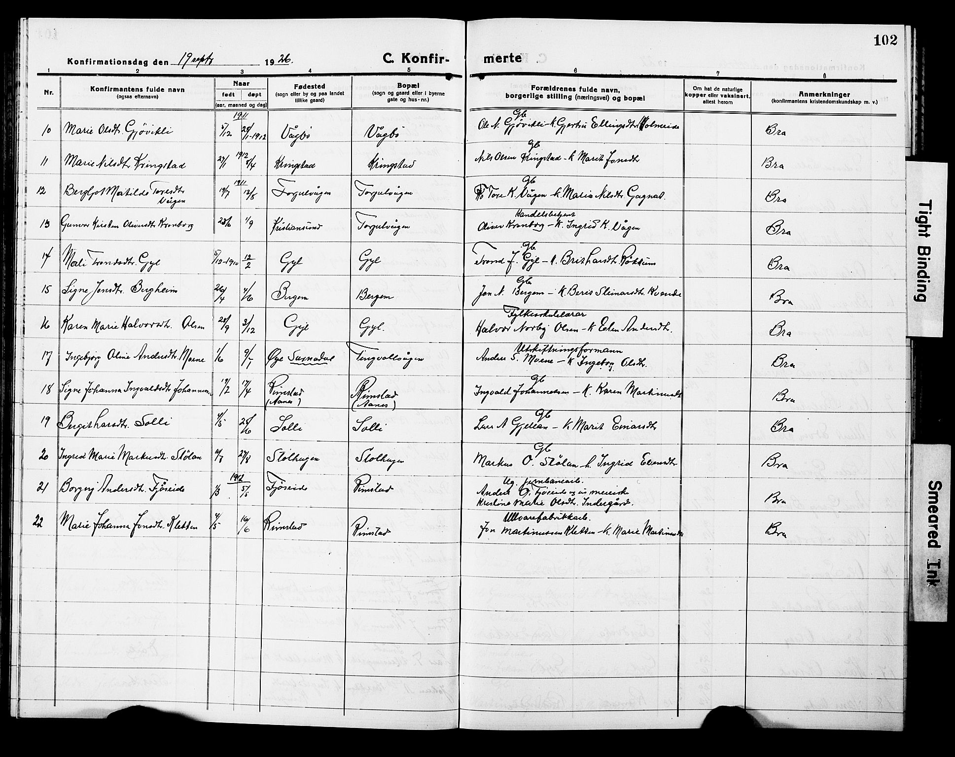 Ministerialprotokoller, klokkerbøker og fødselsregistre - Møre og Romsdal, AV/SAT-A-1454/586/L0994: Parish register (copy) no. 586C05, 1919-1927, p. 102