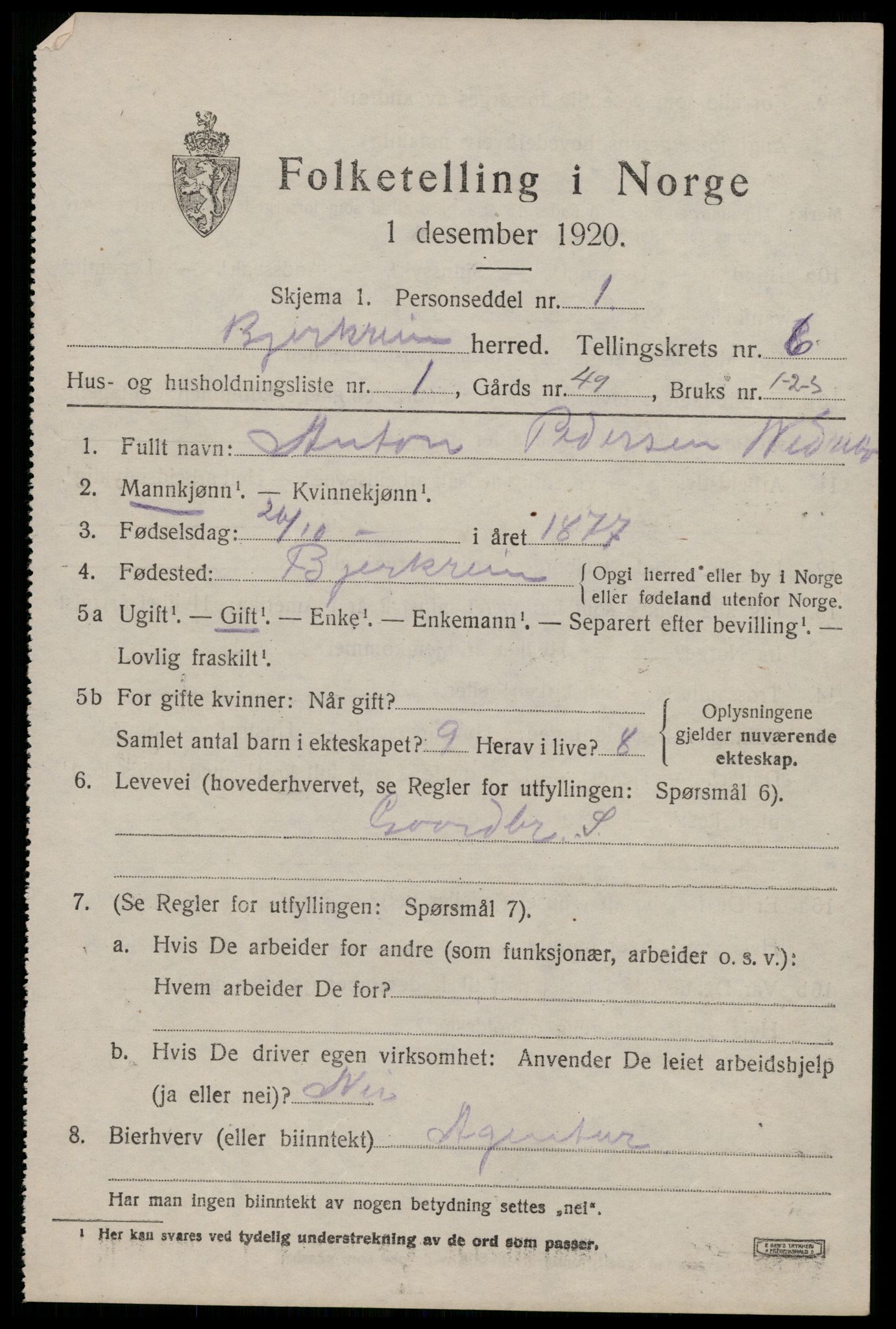 SAST, 1920 census for Bjerkreim, 1920, p. 2124