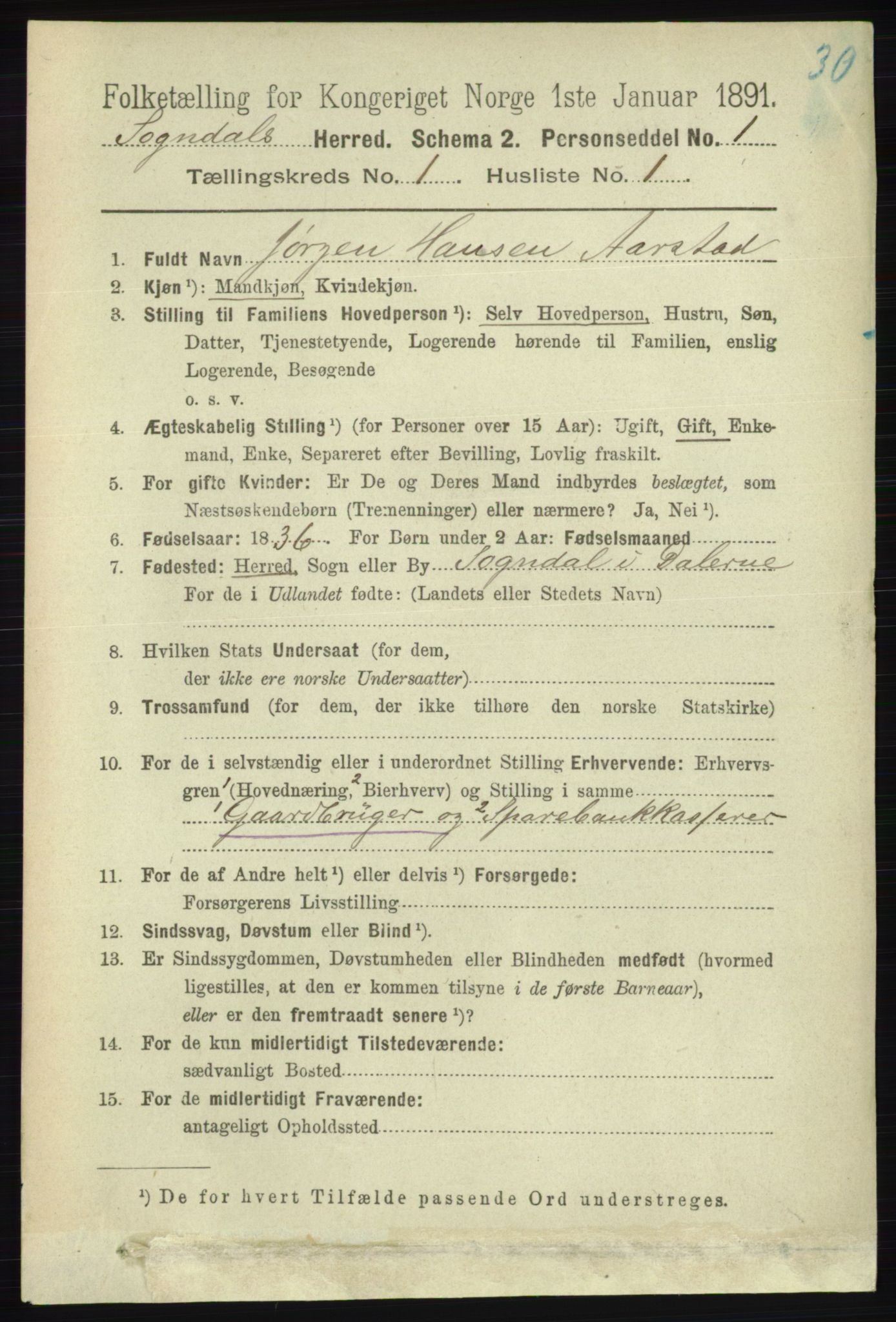 RA, 1891 census for 1111 Sokndal, 1891, p. 87