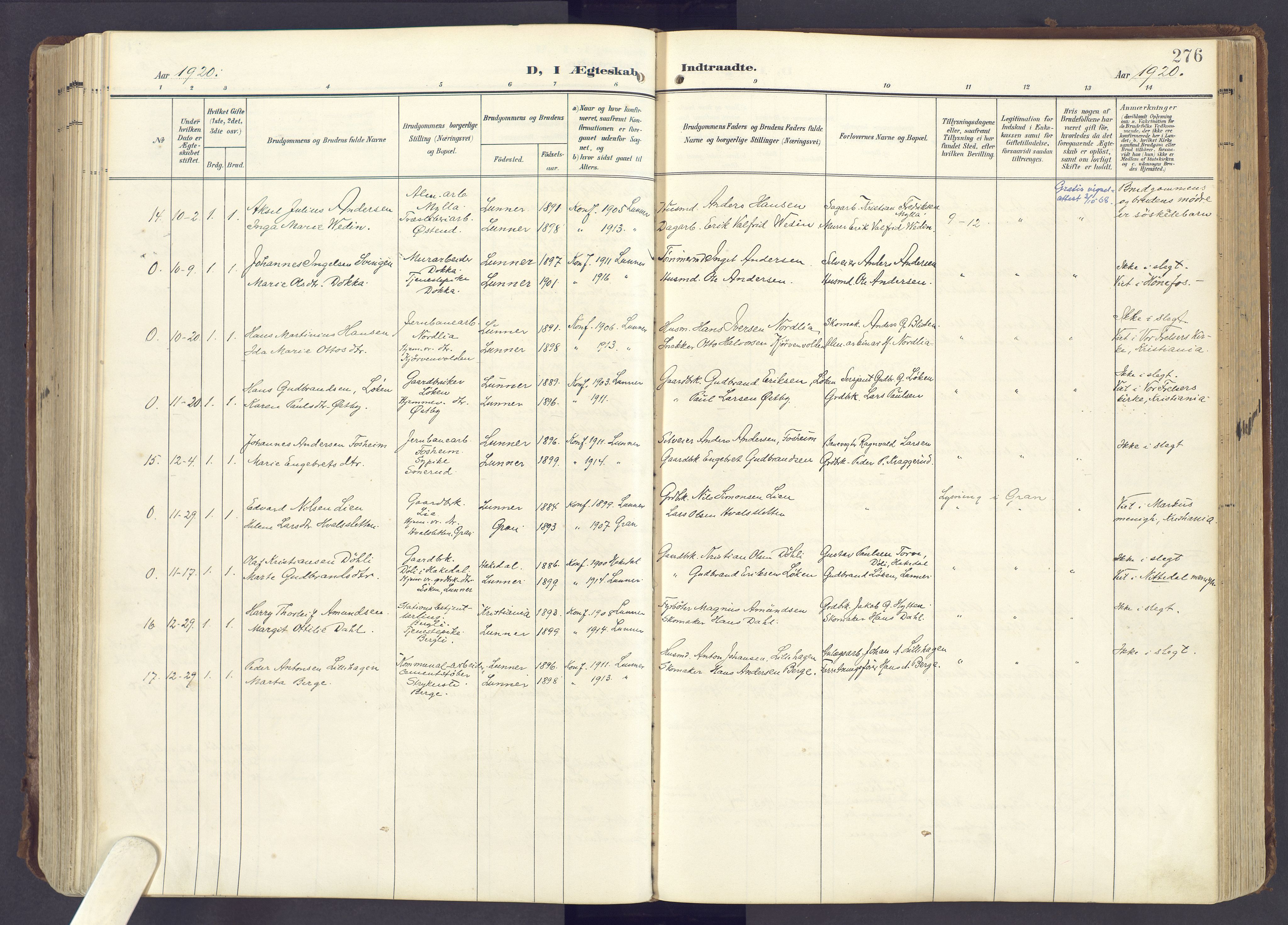 Lunner prestekontor, SAH/PREST-118/H/Ha/Haa/L0001: Parish register (official) no. 1, 1907-1922, p. 276