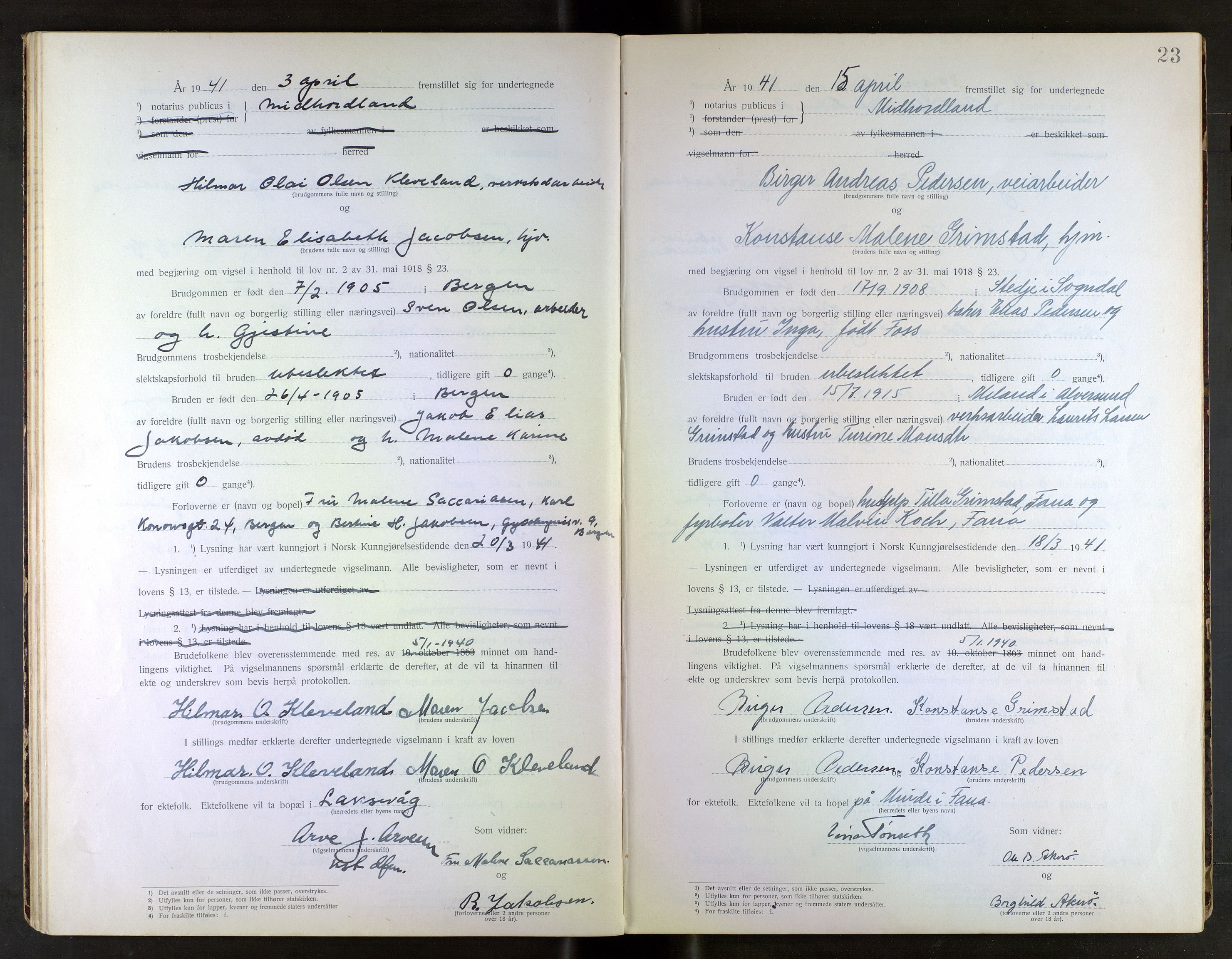 Midhordland sorenskriveri, SAB/A-3001/1/M/Mc/Mca/L0002: Notarialbilag. Vigselbøker, 1939-1942, p. 23