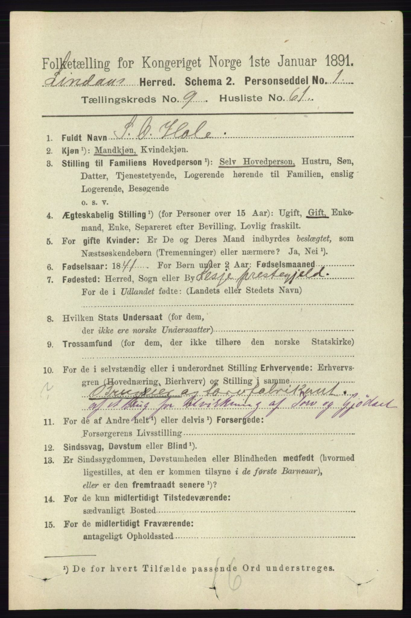 RA, 1891 census for 1263 Lindås, 1891, p. 3367