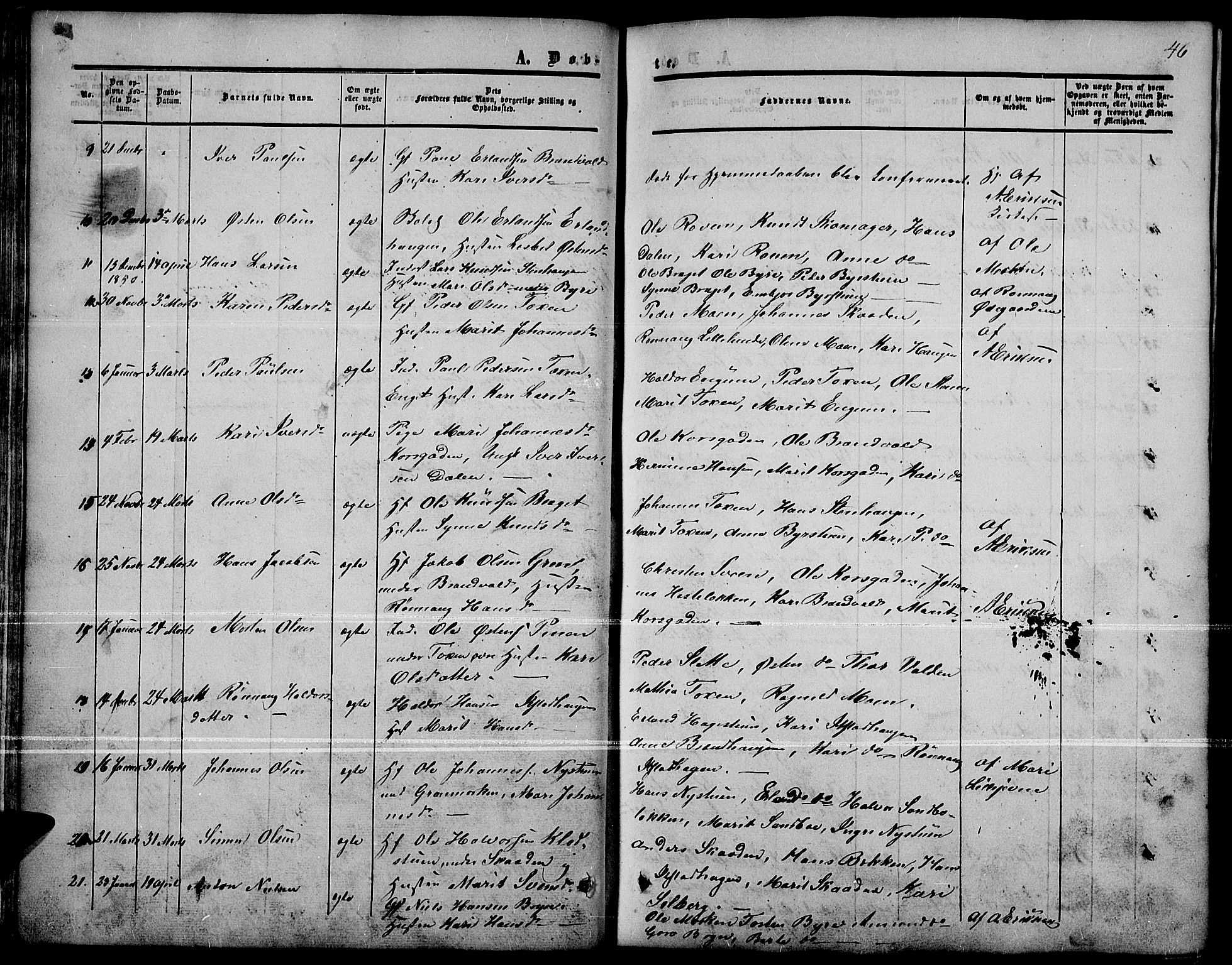 Nord-Fron prestekontor, AV/SAH-PREST-080/H/Ha/Hab/L0001: Parish register (copy) no. 1, 1851-1883, p. 46