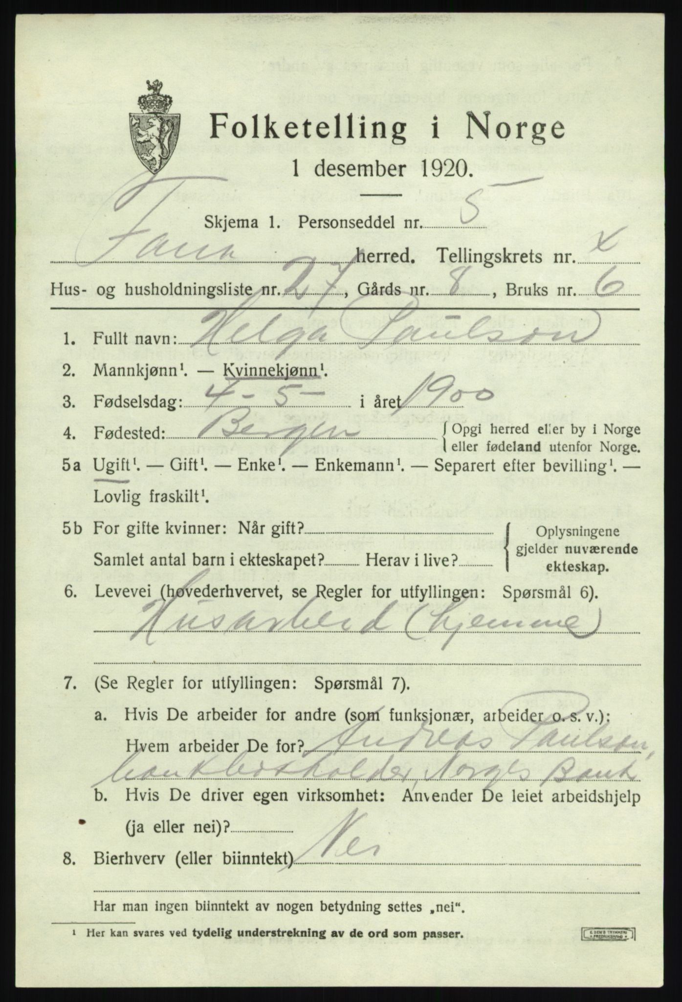 SAB, 1920 census for Fana, 1920, p. 5923