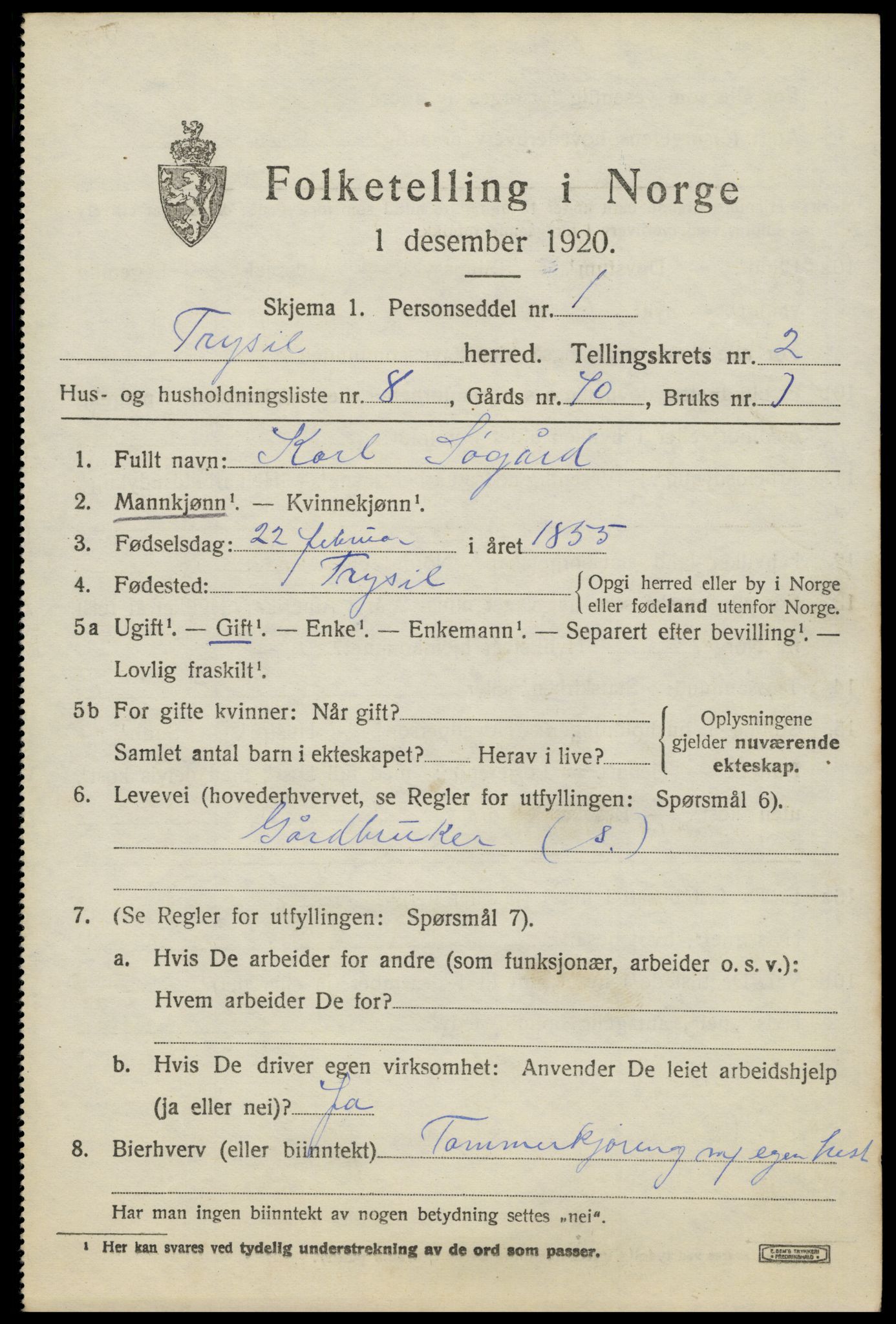 SAH, 1920 census for Trysil, 1920, p. 3167