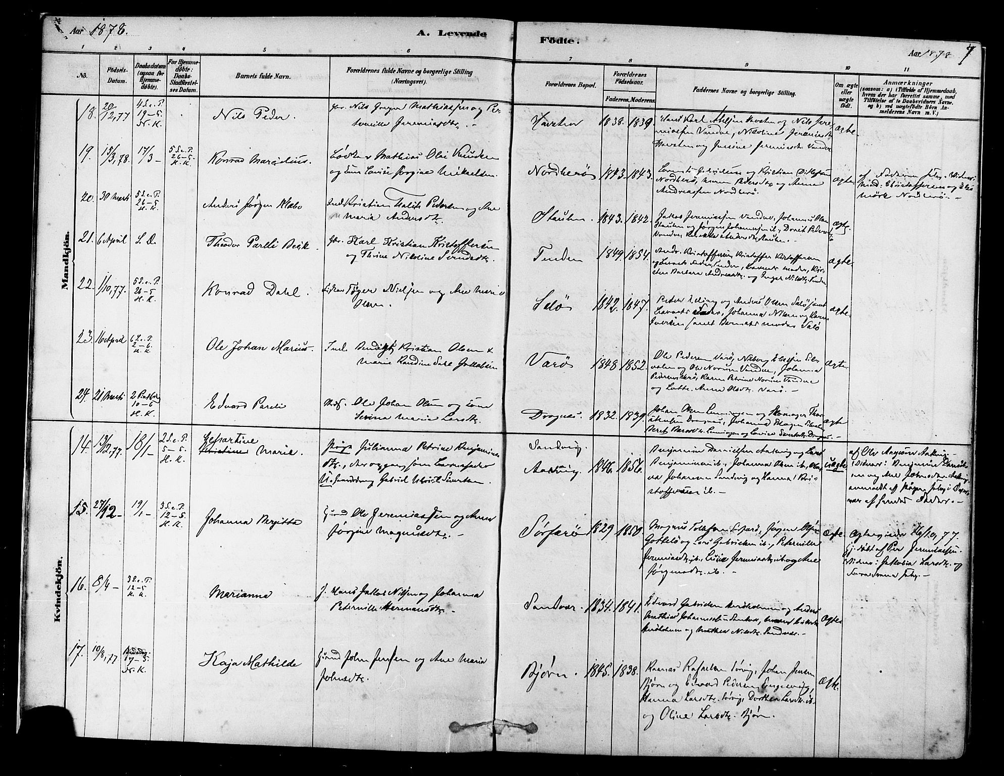 Ministerialprotokoller, klokkerbøker og fødselsregistre - Nordland, AV/SAT-A-1459/834/L0507: Parish register (official) no. 834A05, 1878-1892, p. 7