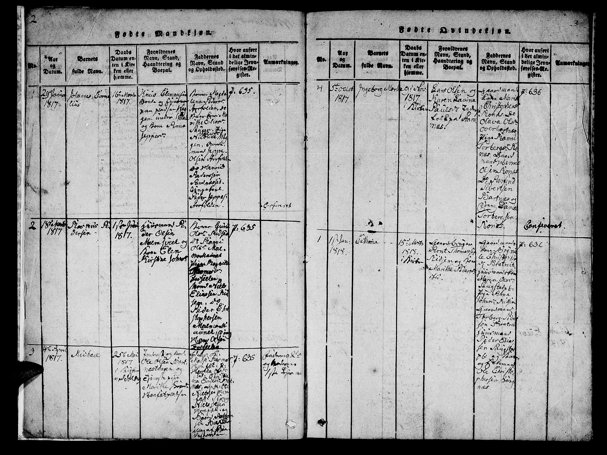 Ministerialprotokoller, klokkerbøker og fødselsregistre - Nord-Trøndelag, SAT/A-1458/745/L0433: Parish register (copy) no. 745C02, 1817-1825, p. 2-3