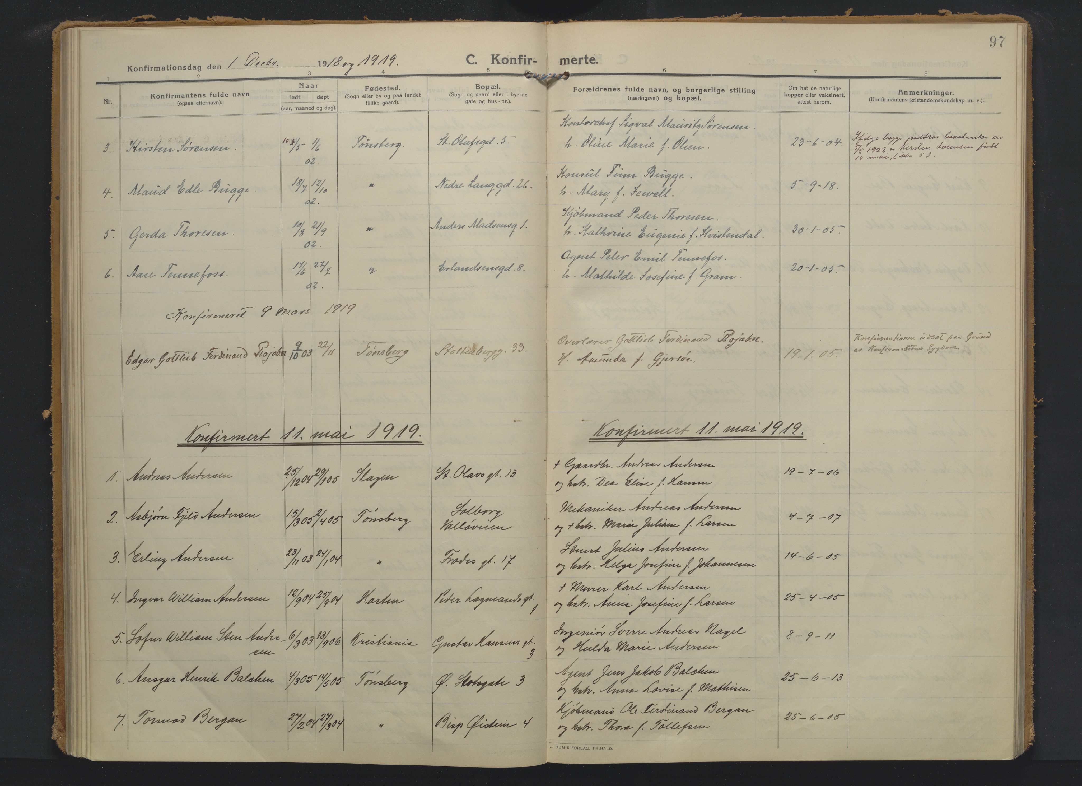 Tønsberg kirkebøker, AV/SAKO-A-330/F/Fa/L0016: Parish register (official) no. I 16, 1912-1922, p. 97