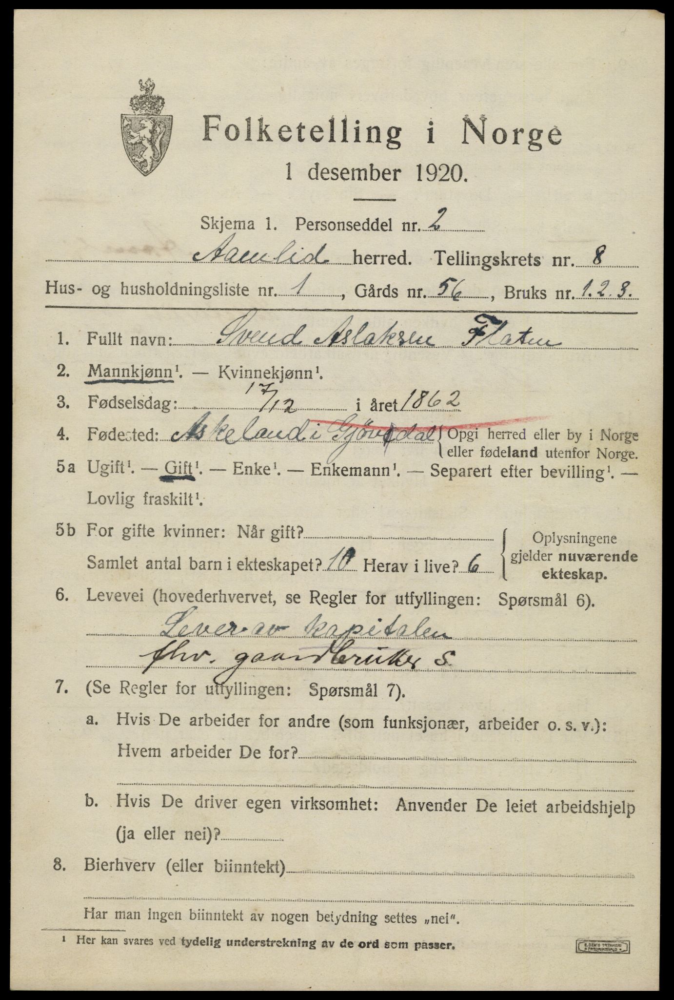 SAK, 1920 census for Åmli, 1920, p. 3187