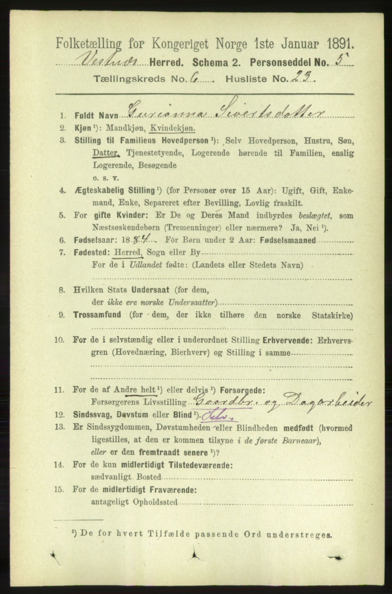 RA, 1891 census for 1535 Vestnes, 1891, p. 2305