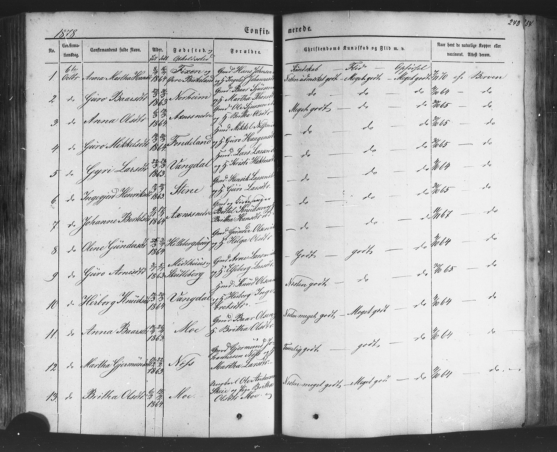 Kvam sokneprestembete, SAB/A-76201/H/Haa: Parish register (official) no. A 9, 1864-1879, p. 243