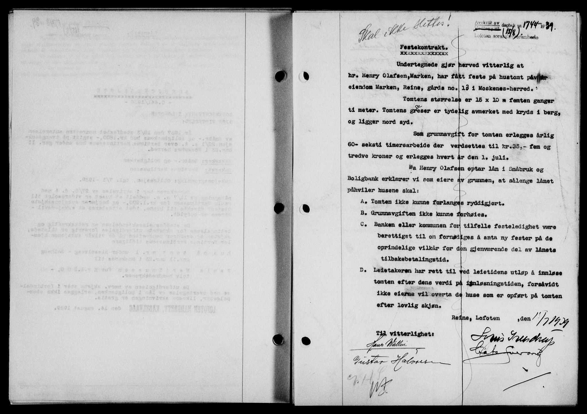 Lofoten sorenskriveri, SAT/A-0017/1/2/2C/L0006a: Mortgage book no. 6a, 1939-1939, Diary no: : 1744/1939