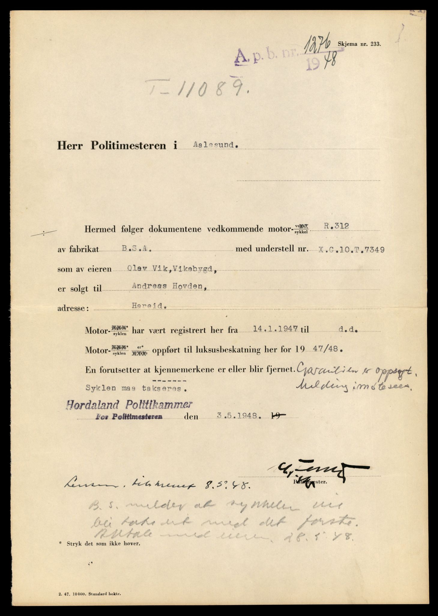 Møre og Romsdal vegkontor - Ålesund trafikkstasjon, AV/SAT-A-4099/F/Fe/L0026: Registreringskort for kjøretøy T 11046 - T 11160, 1927-1998, p. 1237