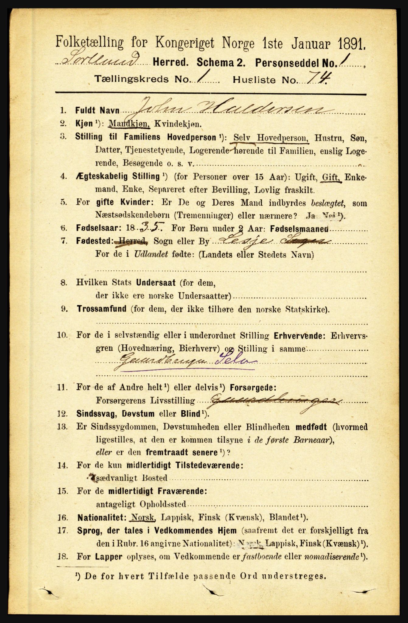 RA, 1891 census for 1870 Sortland, 1891, p. 613