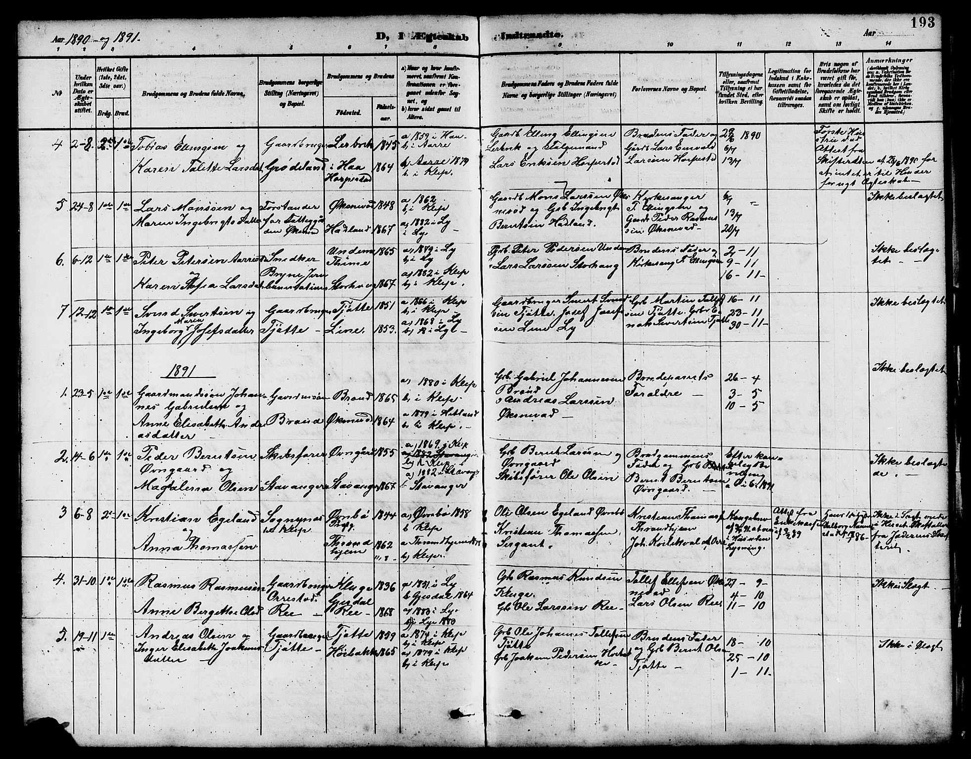 Klepp sokneprestkontor, SAST/A-101803/001/3/30BB/L0004: Parish register (copy) no. B 4, 1889-1914, p. 193