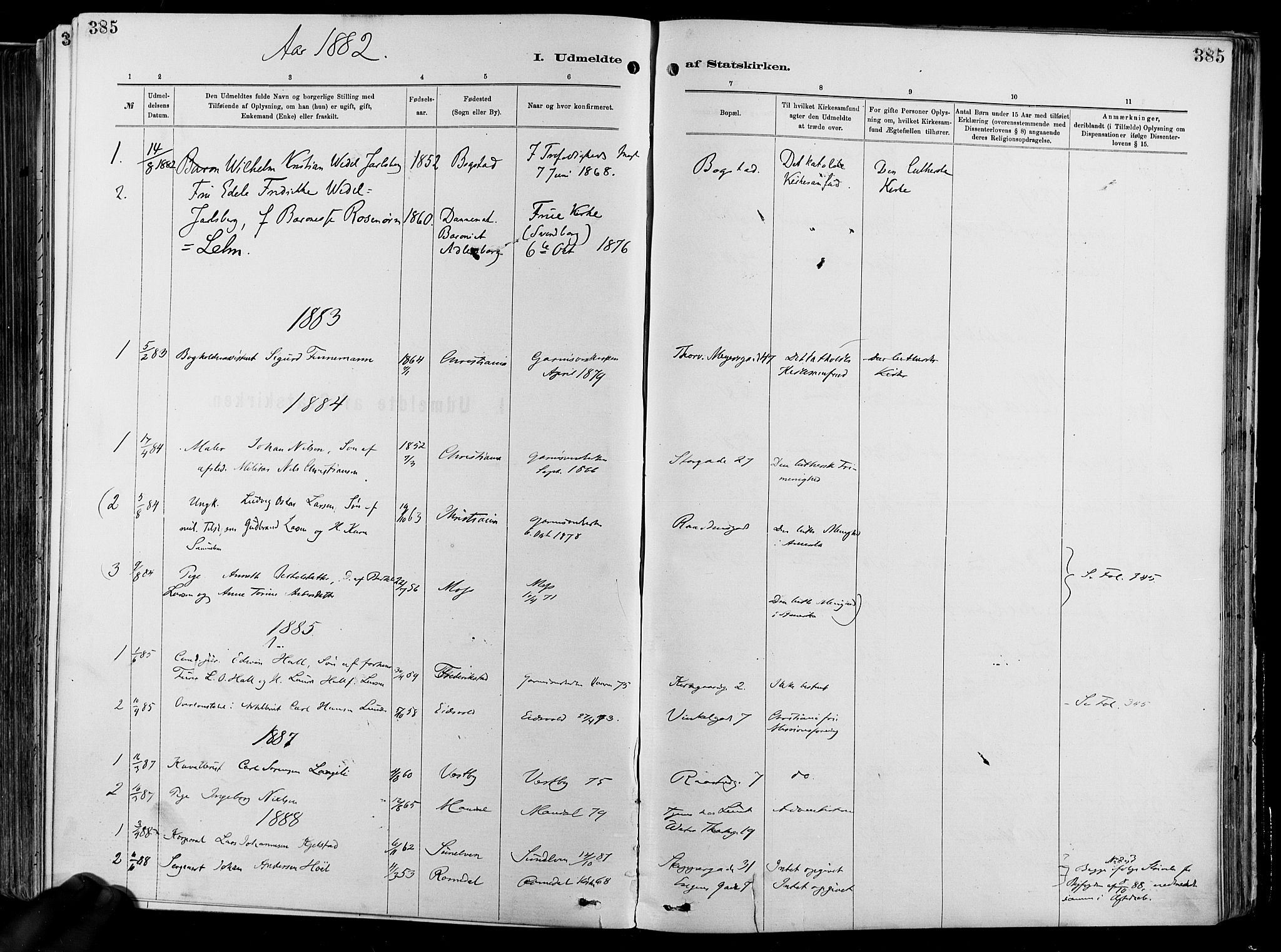 Garnisonsmenigheten Kirkebøker, SAO/A-10846/F/Fa/L0012: Parish register (official) no. 12, 1880-1893, p. 385