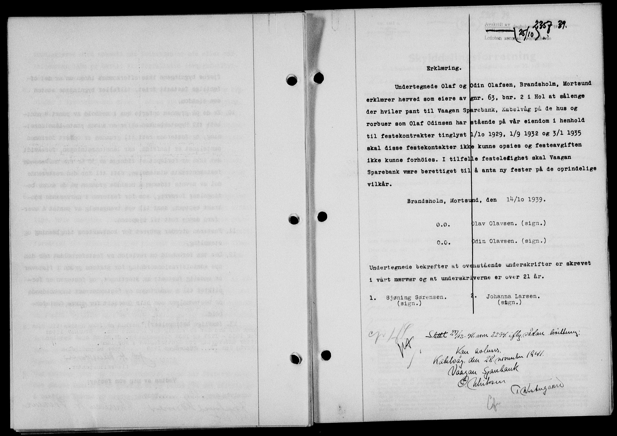 Lofoten sorenskriveri, SAT/A-0017/1/2/2C/L0006a: Mortgage book no. 6a, 1939-1939, Diary no: : 2357/1939