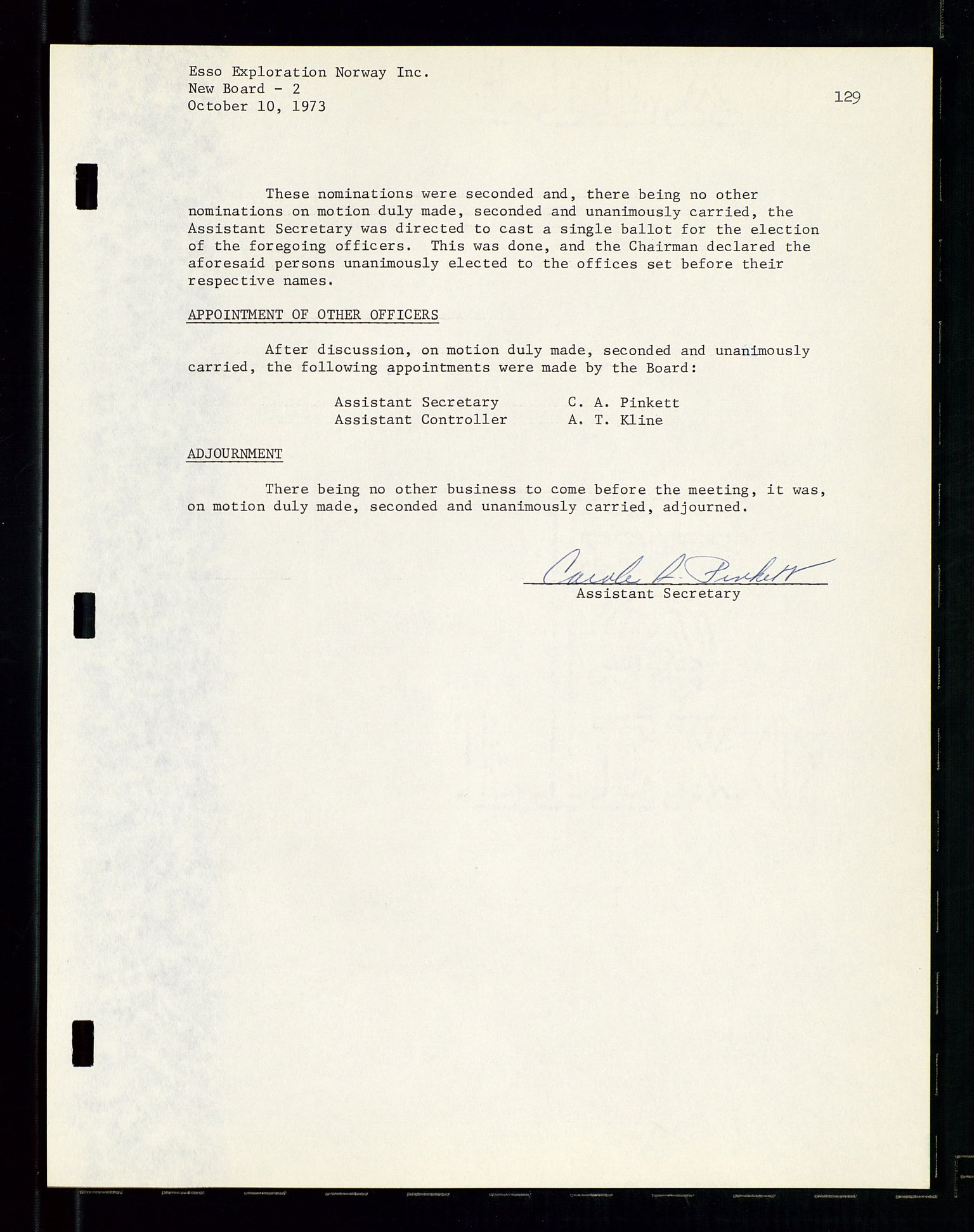 Pa 1512 - Esso Exploration and Production Norway Inc., SAST/A-101917/A/Aa/L0001/0001: Styredokumenter / Corporate records, By-Laws, Board meeting minutes, Incorporations, 1965-1975, p. 129