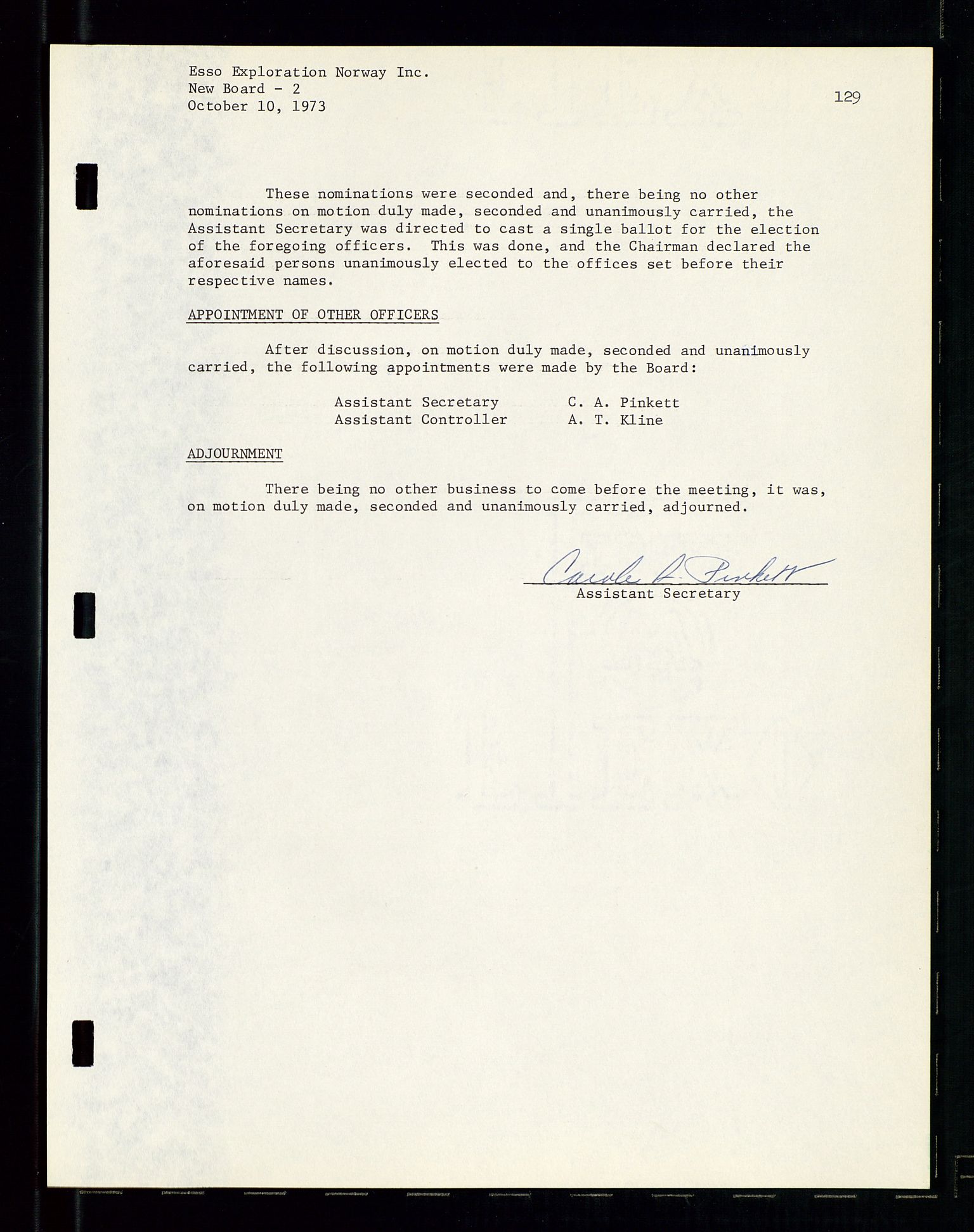 Pa 1512 - Esso Exploration and Production Norway Inc., AV/SAST-A-101917/A/Aa/L0001/0001: Styredokumenter / Corporate records, By-Laws, Board meeting minutes, Incorporations, 1965-1975, p. 129