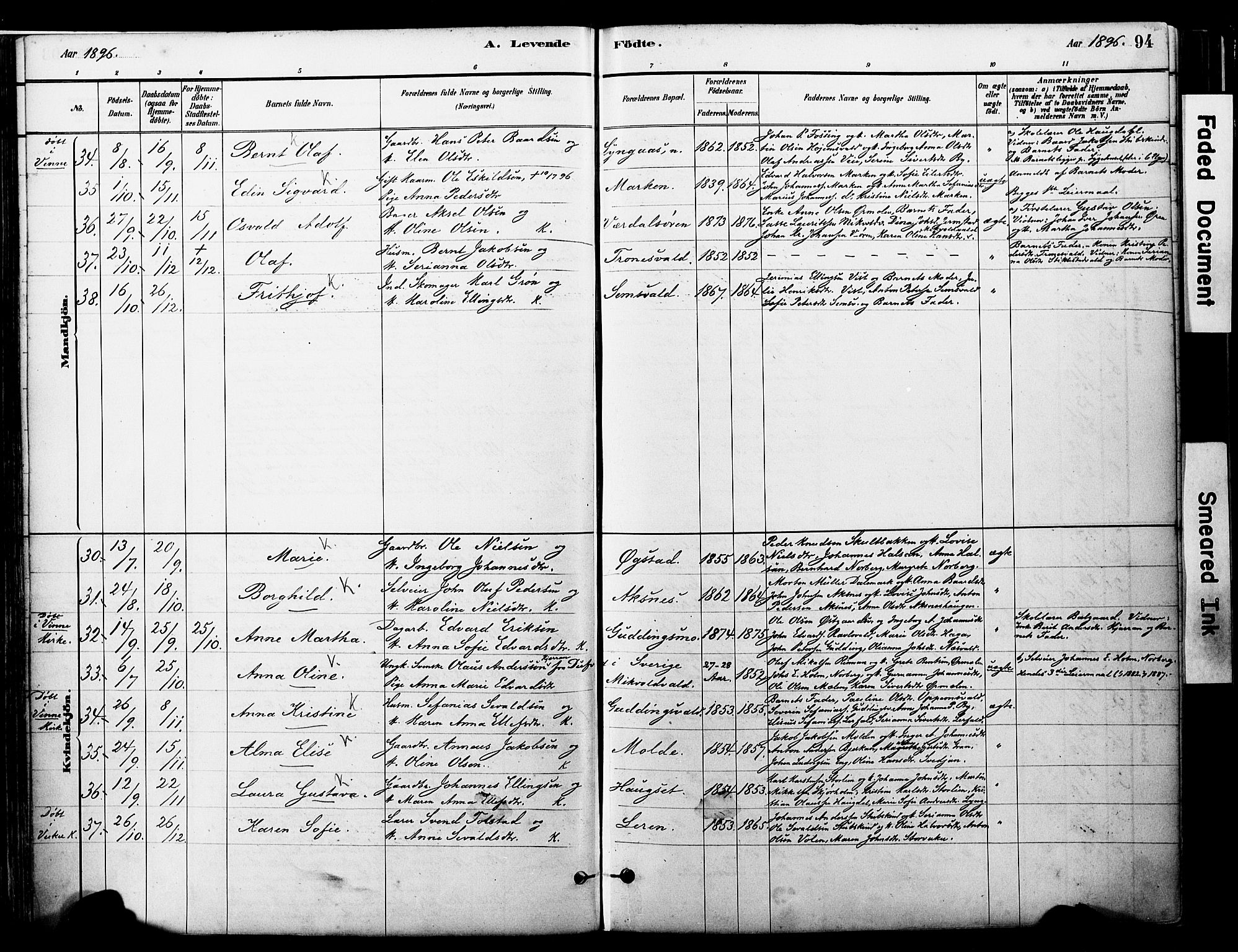 Ministerialprotokoller, klokkerbøker og fødselsregistre - Nord-Trøndelag, SAT/A-1458/723/L0244: Parish register (official) no. 723A13, 1881-1899, p. 94