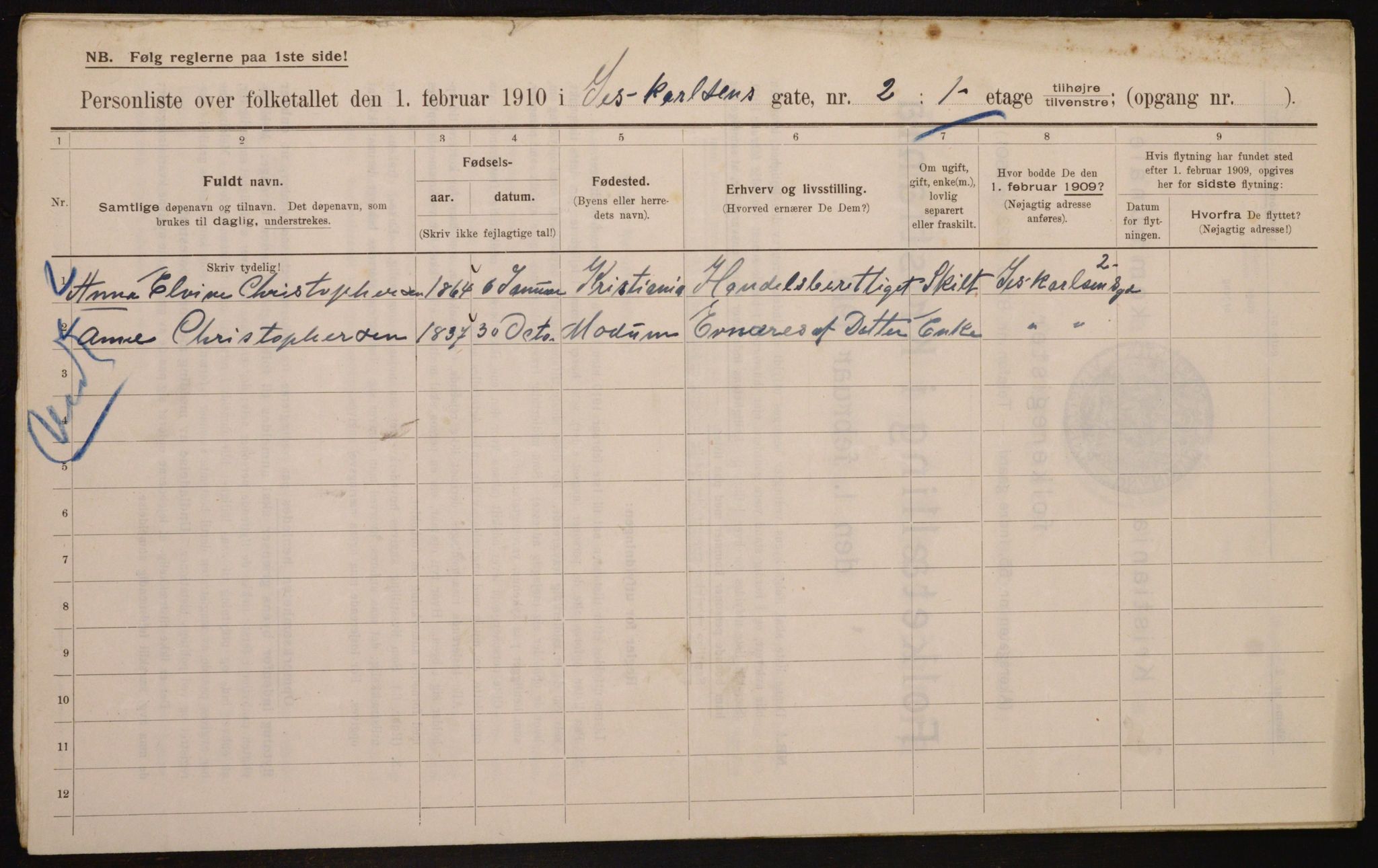 OBA, Municipal Census 1910 for Kristiania, 1910, p. 45648