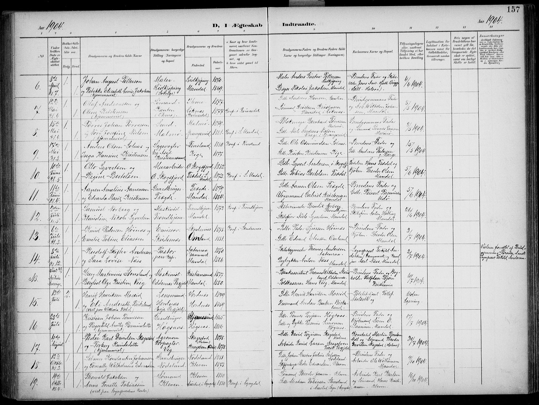 Mandal sokneprestkontor, AV/SAK-1111-0030/F/Fb/Fba/L0012: Parish register (copy) no. B 6, 1899-1918, p. 157