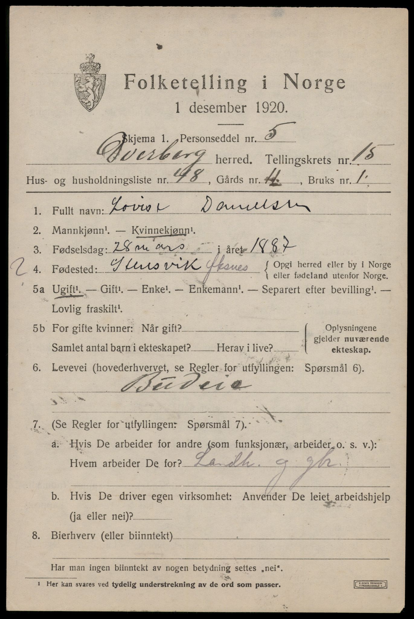 SAT, 1920 census for Dverberg, 1920, p. 11540